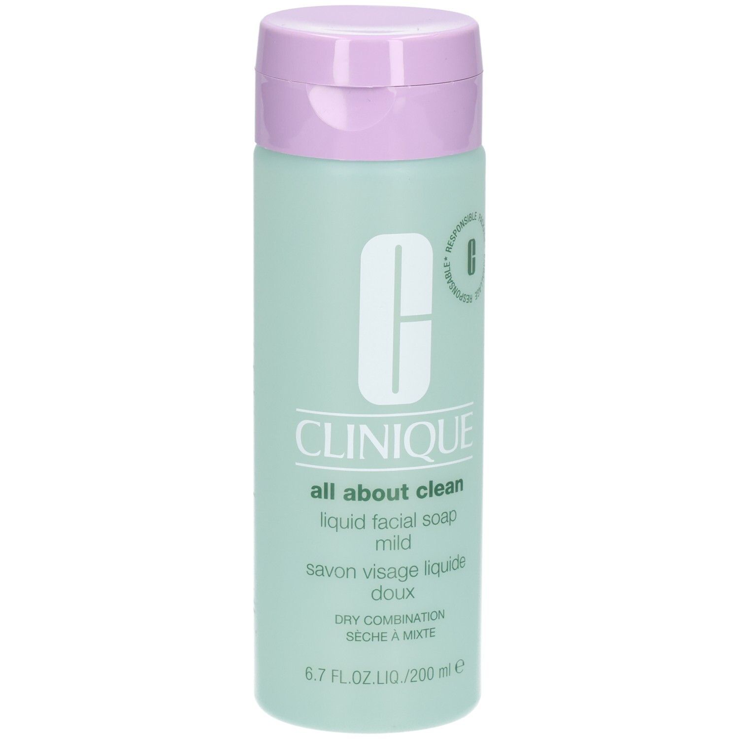 Savon liquide Clinique Doux, flacon de 200ml avec corps vert pâle et bouchon rabattable lilas.