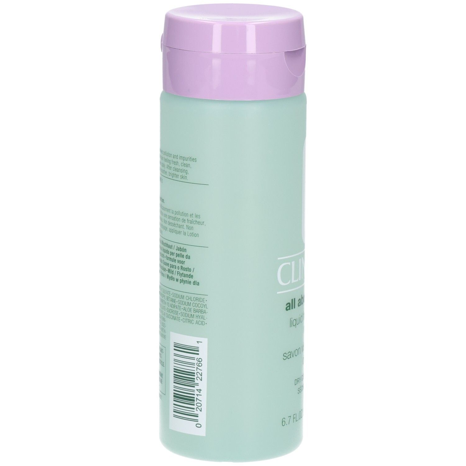 Arrière du flacon de savon liquide Clinique Doux, avec liste des ingrédients et code-barres.