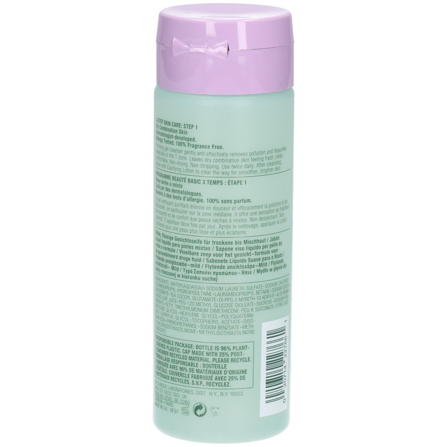 Arrière du flacon de savon liquide Clinique Doux, avec instructions d'utilisation et informations de recyclage.