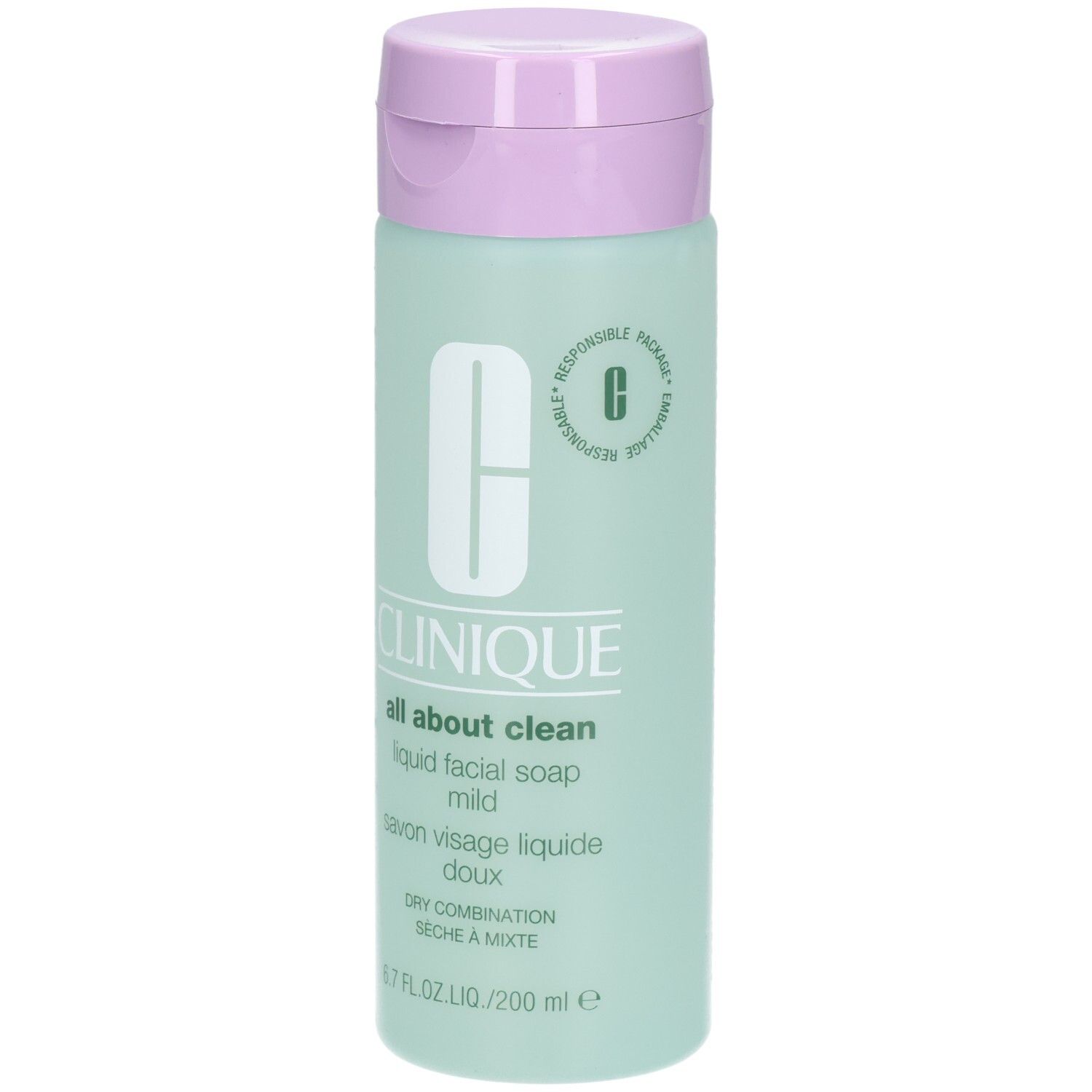 Savon liquide Clinique Doux, flacon de 200ml avec corps vert pâle et bouchon rabattable lilas.