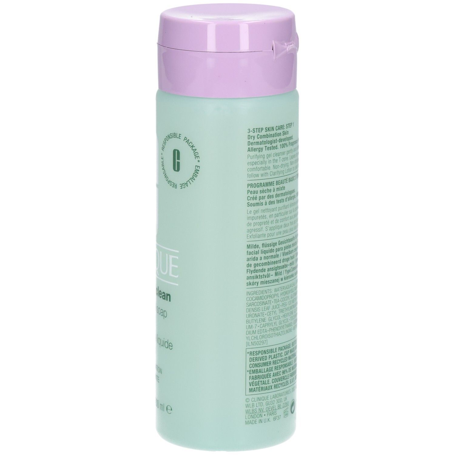 Vue latérale du flacon de savon liquide Clinique Doux, avec informations détaillées sur le produit.