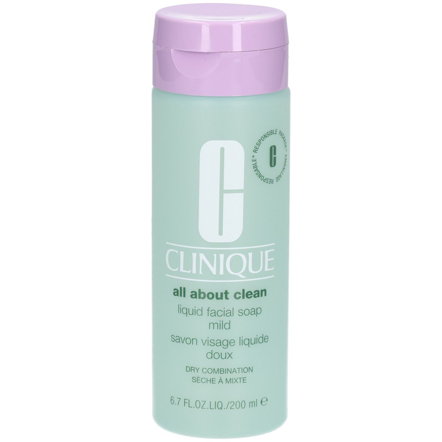Savon liquide Clinique Doux, flacon de 200ml avec corps vert pâle et bouchon rabattable lilas.