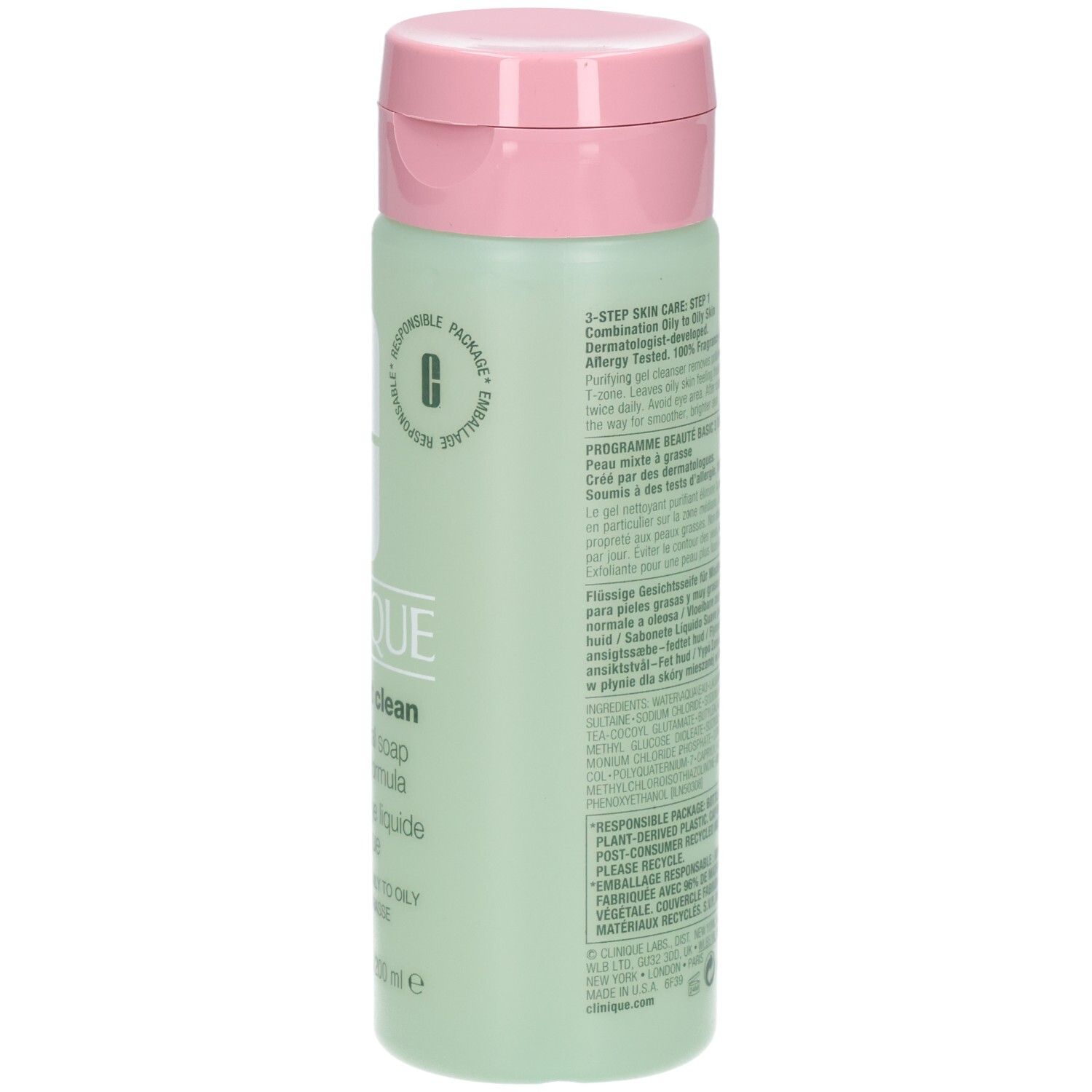 Dos de la bouteille de savon liquide Clinique All About Clean pour peau grasse, 200 ml.