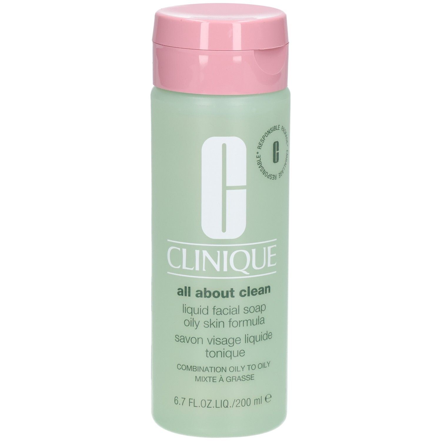 Savon liquide Clinique All About Clean pour peau grasse, flacon de 200 ml.