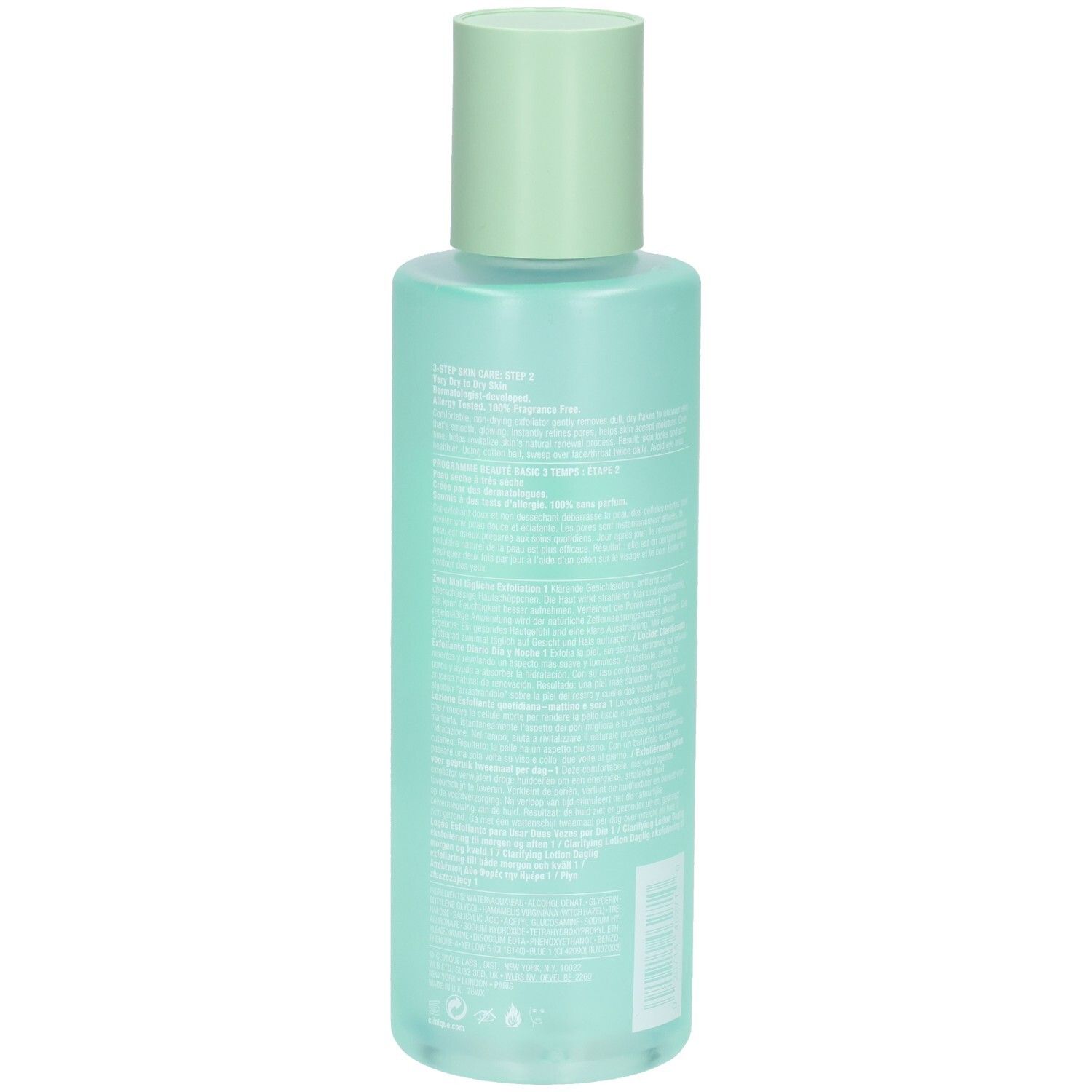 Arrière de la bouteille Clinique Clarifying Lotion 1 avec informations détaillées sur le produit. 400 ml.