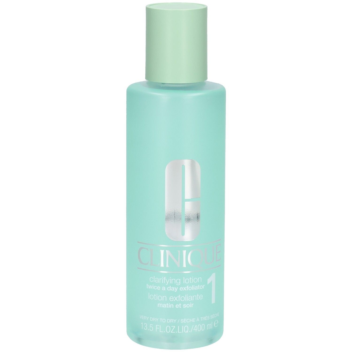 Clinique Clarifying Lotion 1 dans une bouteille vert menthe avec un bouchon vert clair. 400 ml.