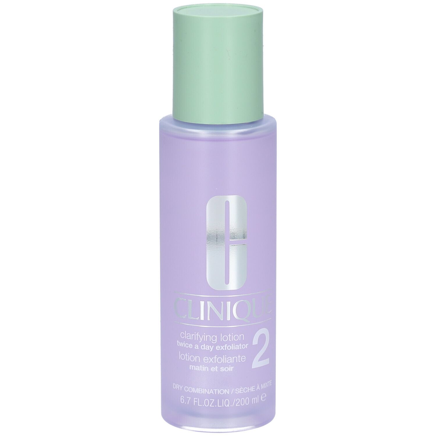 Flacon Clinique Lotion clarifiante Step-2. Bouchon vert, liquide violet, étiquette blanche et logo.