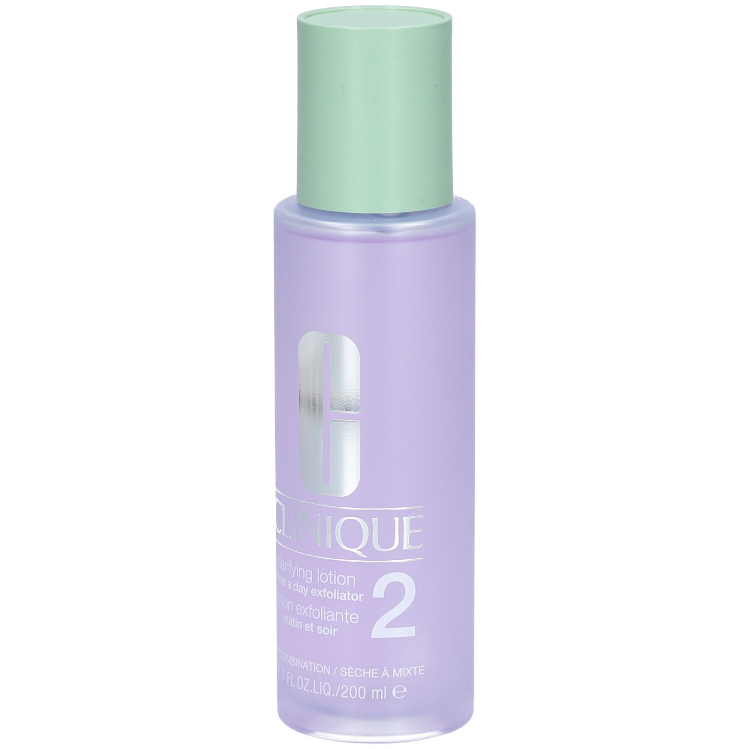 Flacon Clinique Lotion clarifiante Step-2. Bouchon vert, liquide violet, étiquette blanche et logo.