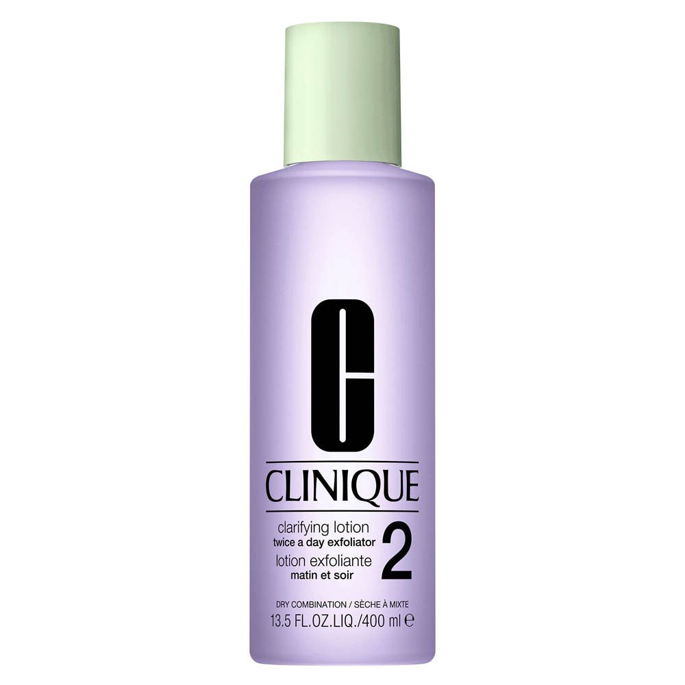 Flacon Clinique Clarifying Lotion 2 avec bouchon vert clair et logo argenté.