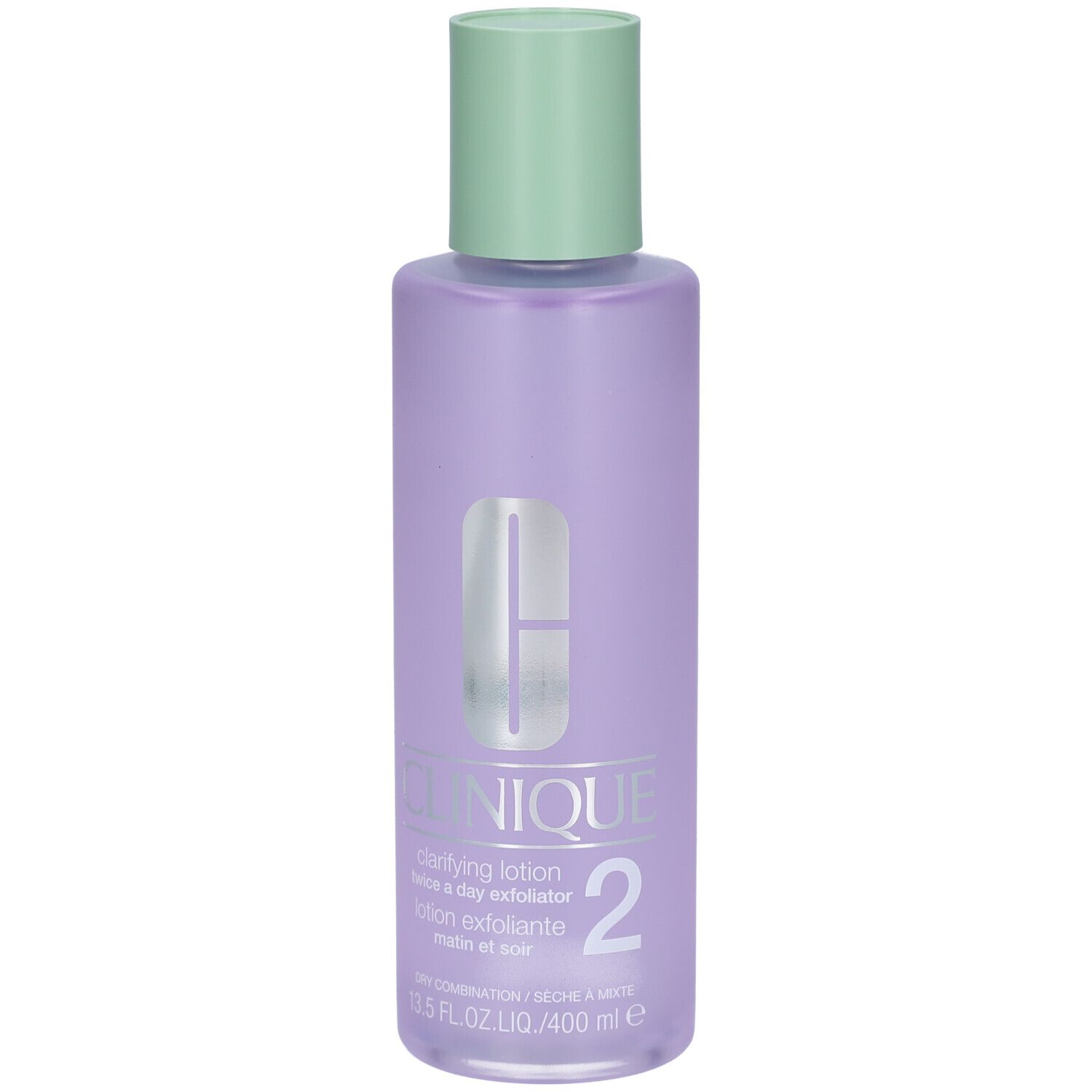 Flacon Clinique Lotion clarifiante Step-2. Flacon violet avec bouchon vert. Nom du produit et numéro 2.