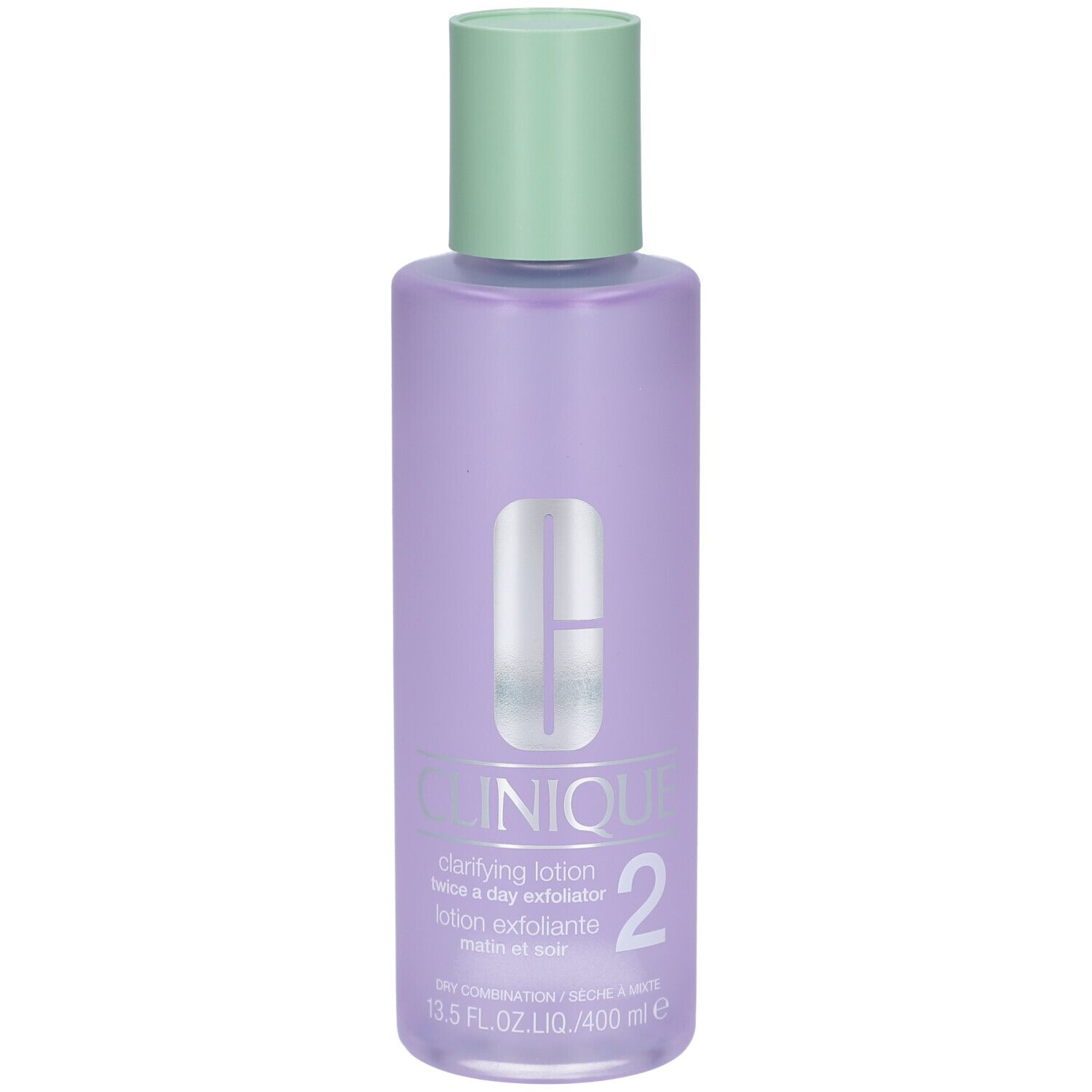 Flacon Clinique Lotion clarifiante Step-2. Flacon violet avec bouchon vert. Nom du produit et numéro 2.