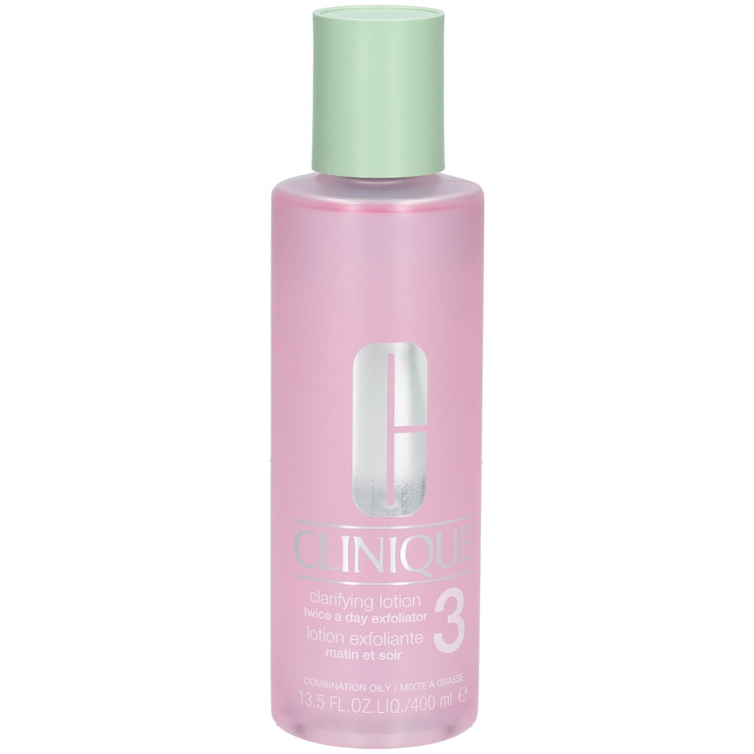 Clinique Clarifying Lotion 3, 400 ml, flacon rose avec bouchon vert clair.