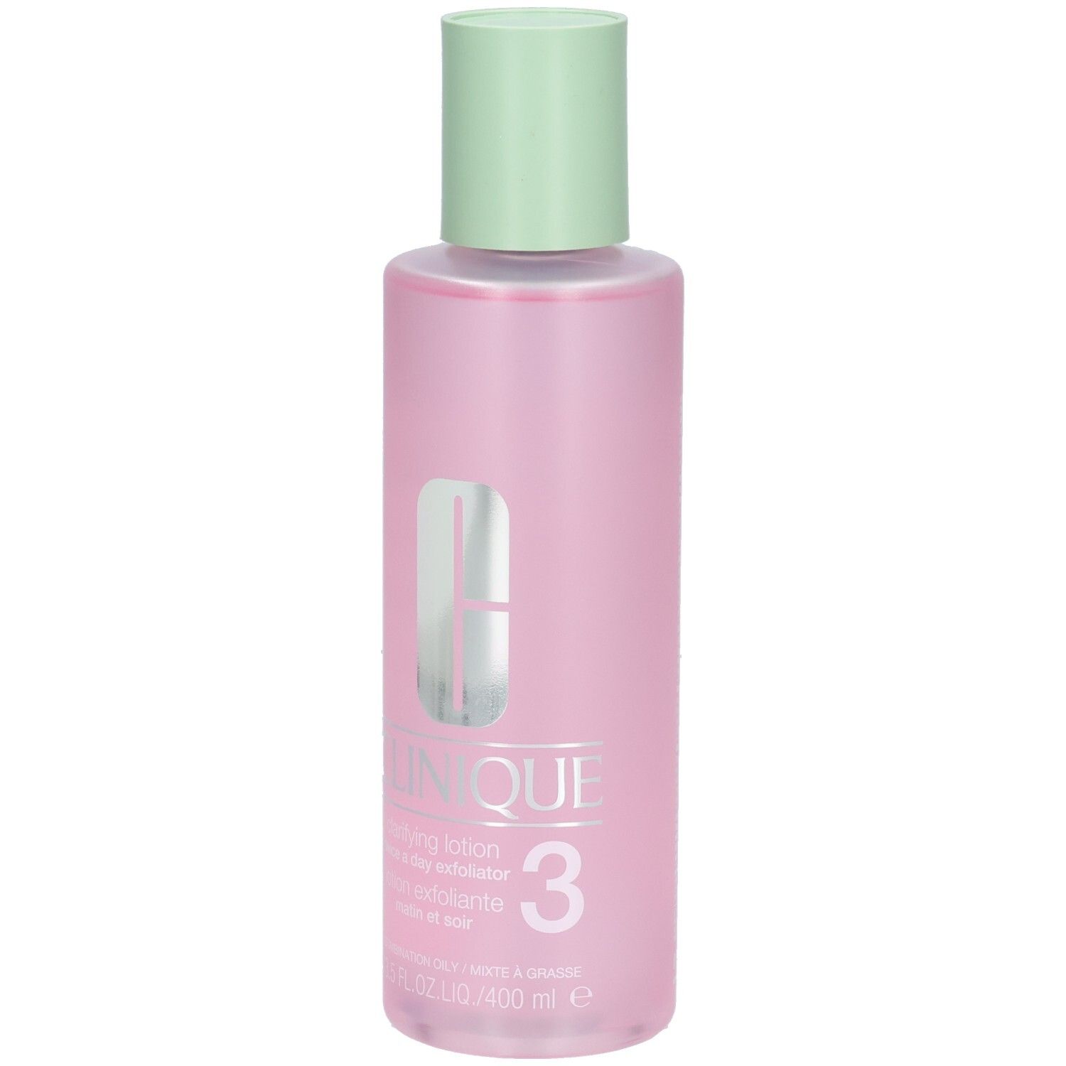 Clinique Clarifying Lotion 3, 400 ml, flacon rose avec bouchon vert clair.