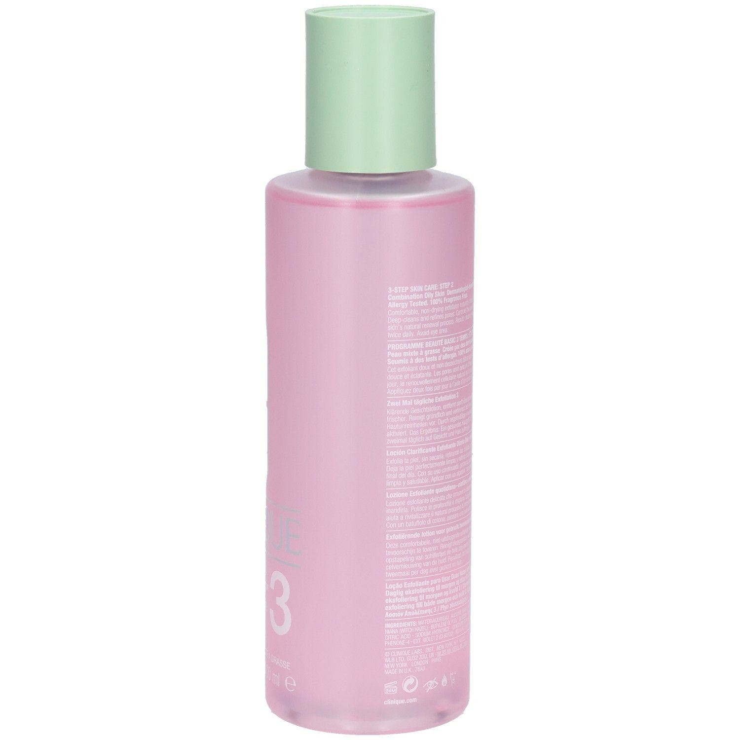 Arrière du flacon Clinique Clarifying Lotion 3, 400 ml, avec texte.