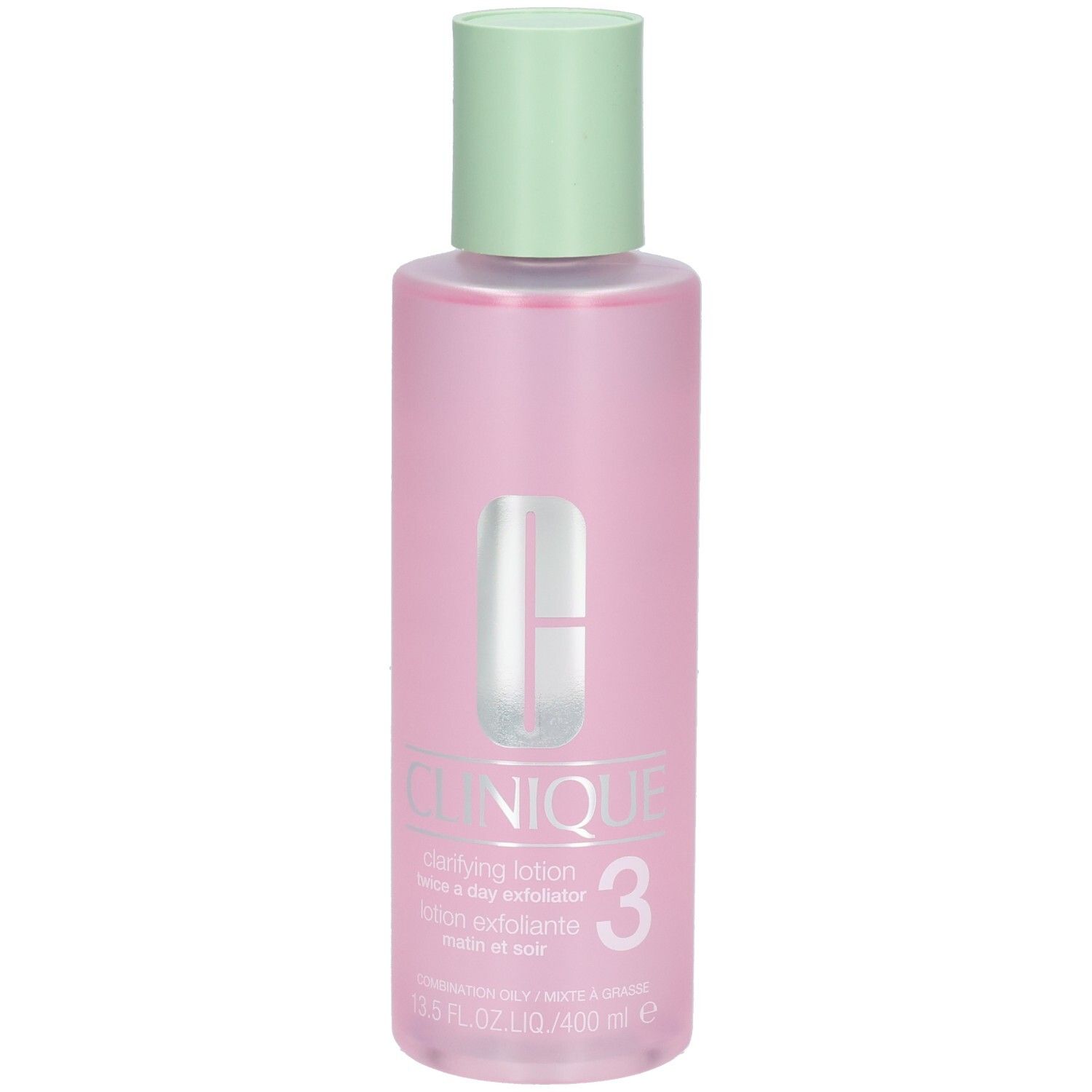 Clinique Clarifying Lotion 3, 400 ml, flacon rose avec bouchon vert clair.
