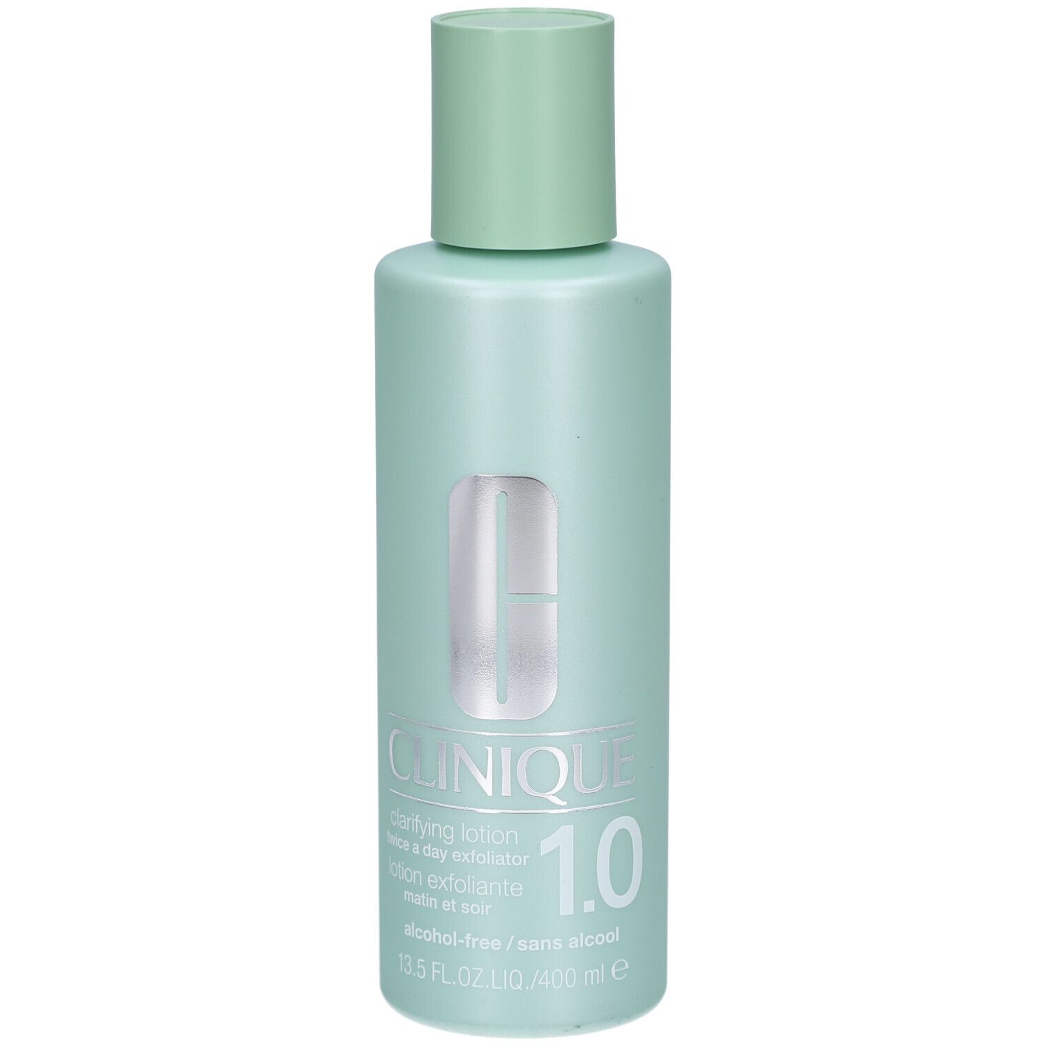 Flacon vert clair avec bouchon vert clair. Inscription: Clinique Clarifying Lotion 1.0. Sans alcool. 13.5 FL.OZ./400 ml.