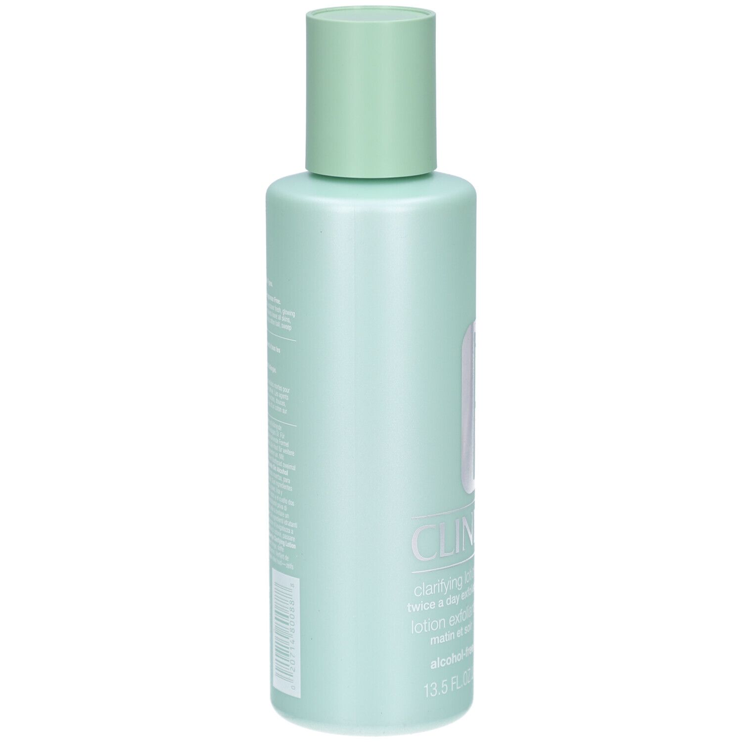 Flacon vert clair avec bouchon vert clair. Dos avec texte. Inscription: Clinique Clarifying Lotion. Sans alcool. 13.5 FL.OZ./400 ml.