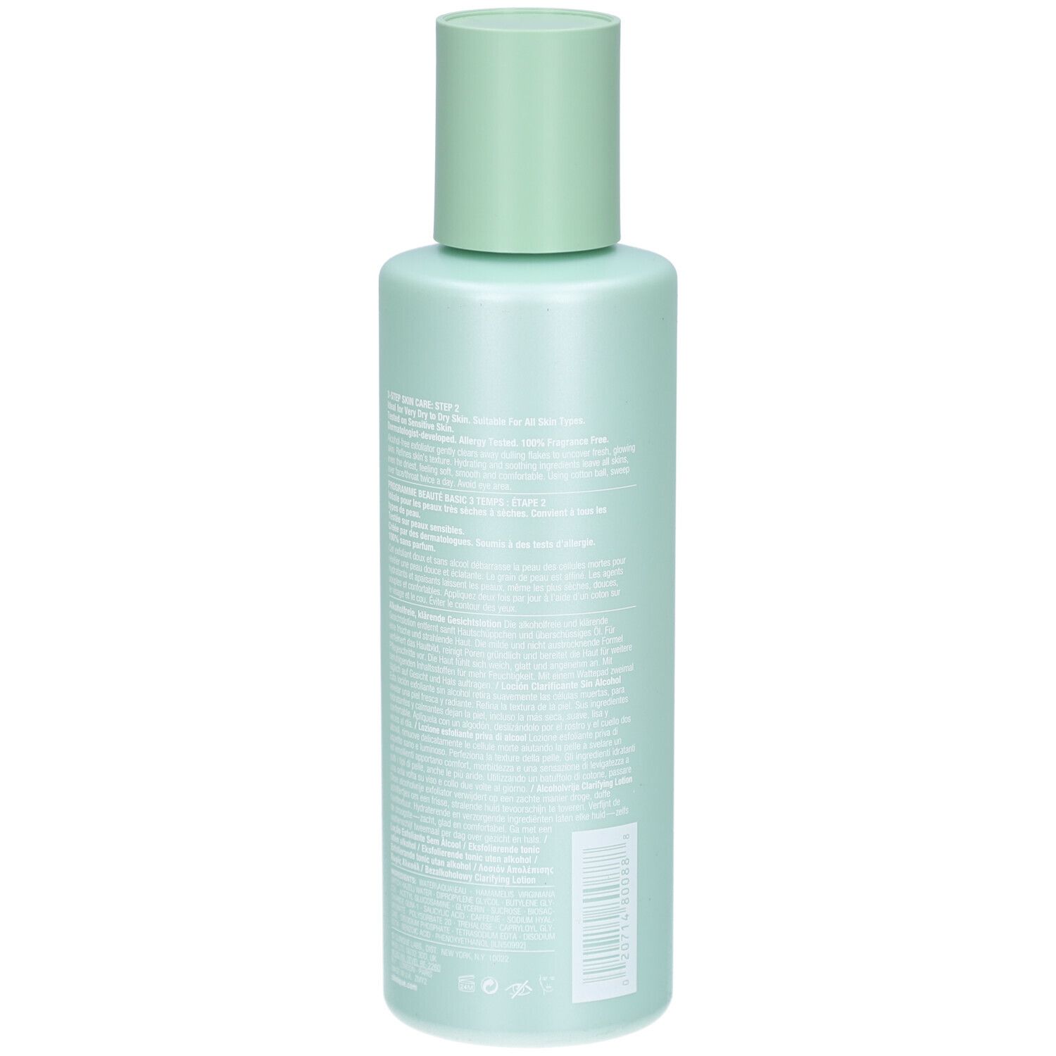 Flacon vert clair avec bouchon vert clair. Dos avec texte. Inscription: Clinique Clarifying Lotion. Sans alcool. 13.5 FL.OZ./400 ml.