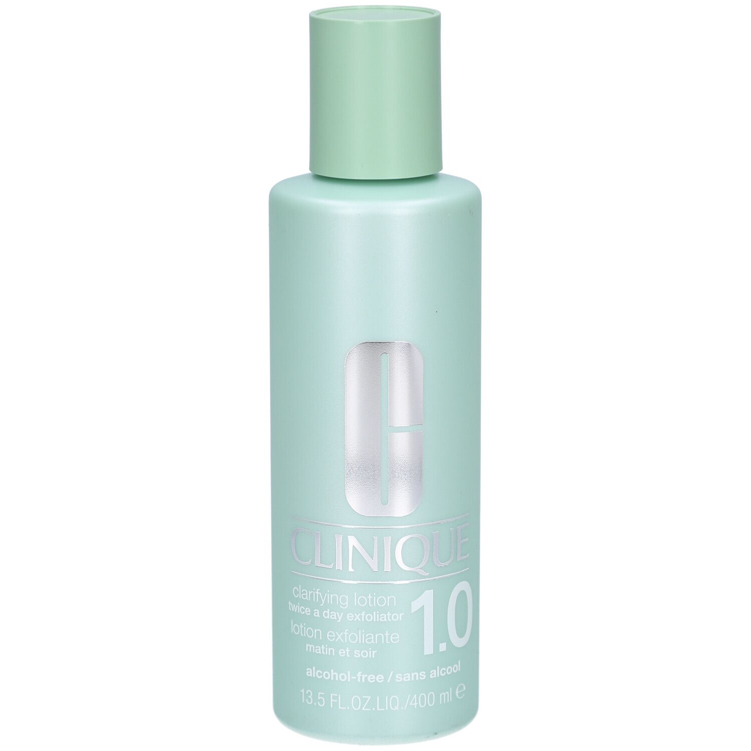 Flacon vert clair avec bouchon vert clair. Inscription: Clinique Clarifying Lotion 1.0. Sans alcool. 13.5 FL.OZ./400 ml.