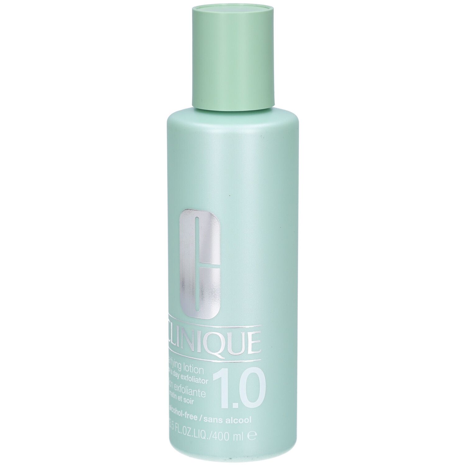 Flacon vert clair avec bouchon vert clair. Inscription: Clinique Clarifying Lotion 1.0. Sans alcool. 13.5 FL.OZ./400 ml.