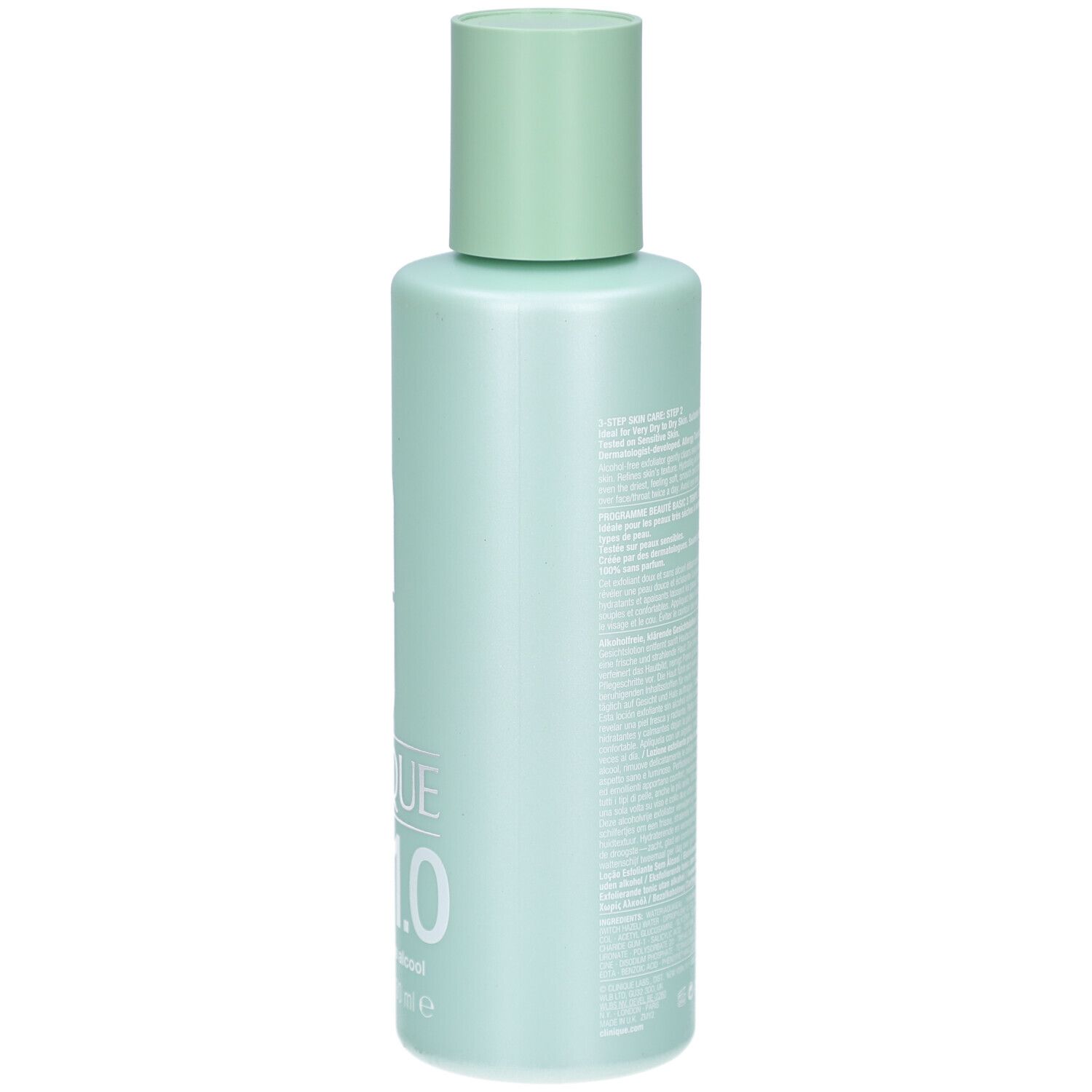 Flacon vert clair avec bouchon vert clair. Dos avec texte. Inscription: Clinique Clarifying Lotion. Sans alcool. 13.5 FL.OZ./400 ml.