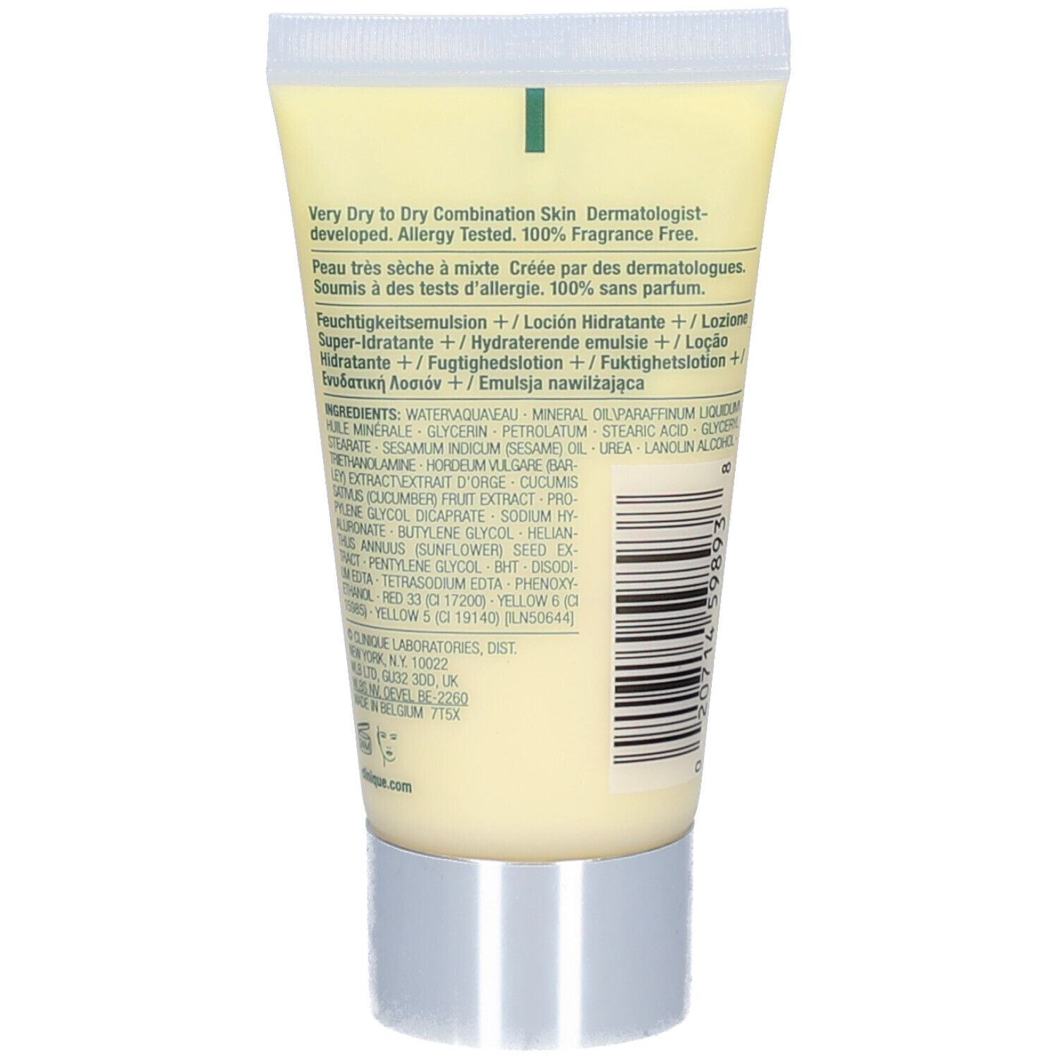 Dos du tube jaune. Texte: Very Dry to Dry Combination Skin. Ingrédients et autres informations sur le produit.