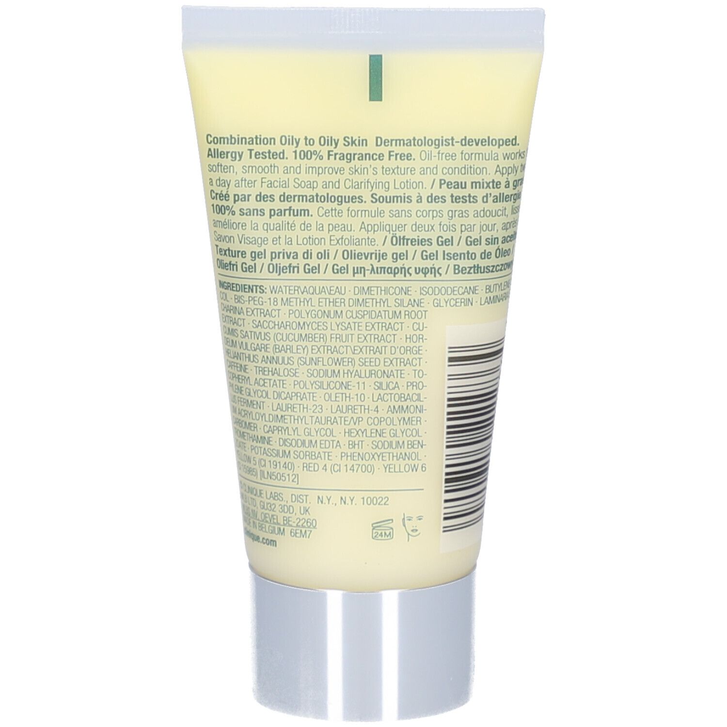 Dos du gel hydratant Clinique Dramatiquement différent. Texte, ingrédients, fond blanc.