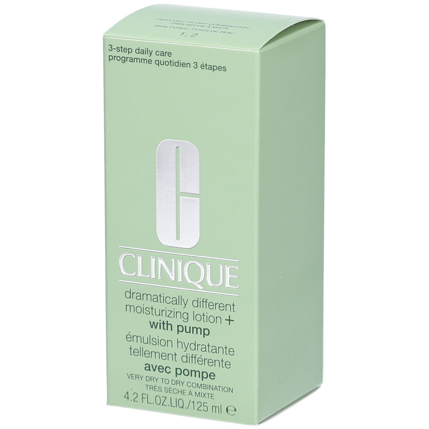 Boîte verte Clinique. Inscription: Dramatically Different Moisturizing Lotion+ with pump. 4.2 fl.oz.liq./125 ml.
