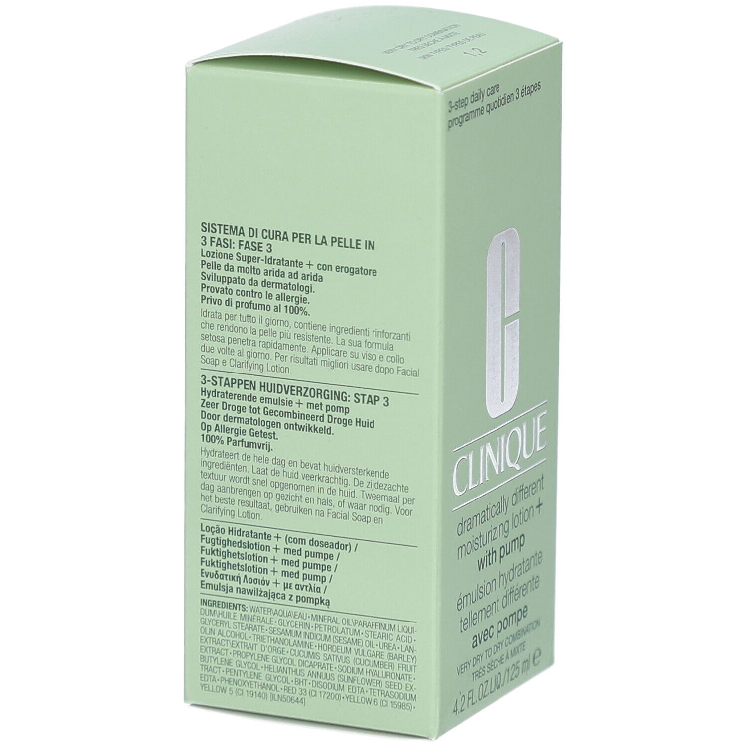 Boîte verte Clinique. Texte en allemand, italien, néerlandais et français. Contient des informations sur le produit.