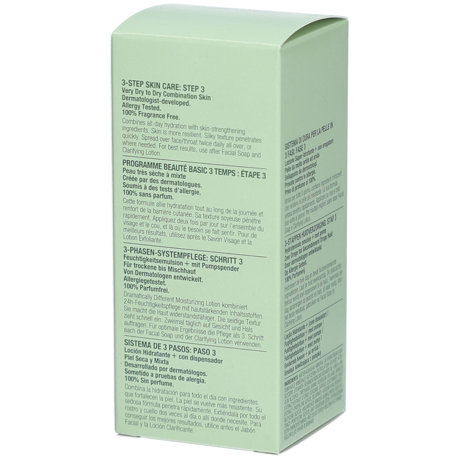Boîte verte Clinique. Texte en anglais, français, allemand et espagnol. Contient des informations sur le produit.
