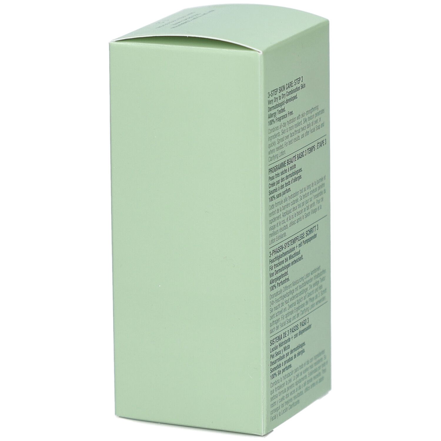 Boîte verte Clinique. Texte en anglais, français, allemand et espagnol. Contient des informations sur le produit.