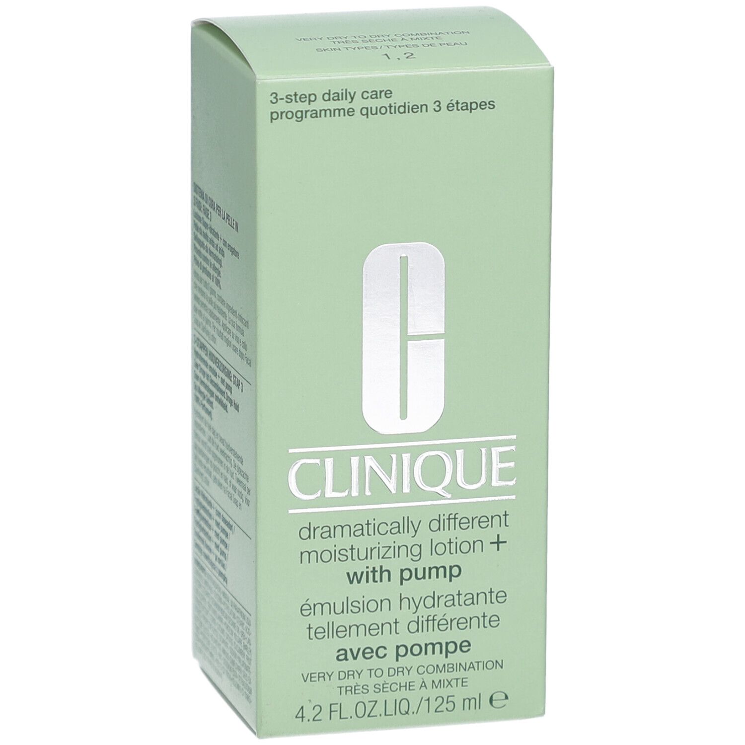 Boîte verte Clinique. Inscription: Dramatically Different Moisturizing Lotion+ with pump. 4.2 fl.oz.liq./125 ml.