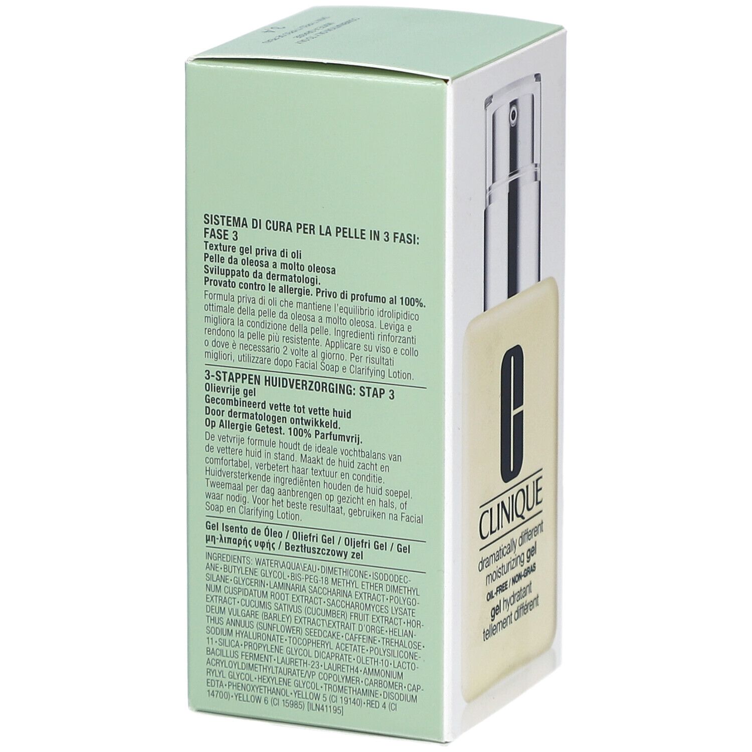 Dos de l'emballage. Texte: Sistema di cura per la pelle in 3 fasi. 3-Stappen huidverzorging. Clinique, Dramatically Different Moisturizing Gel, sans huile.