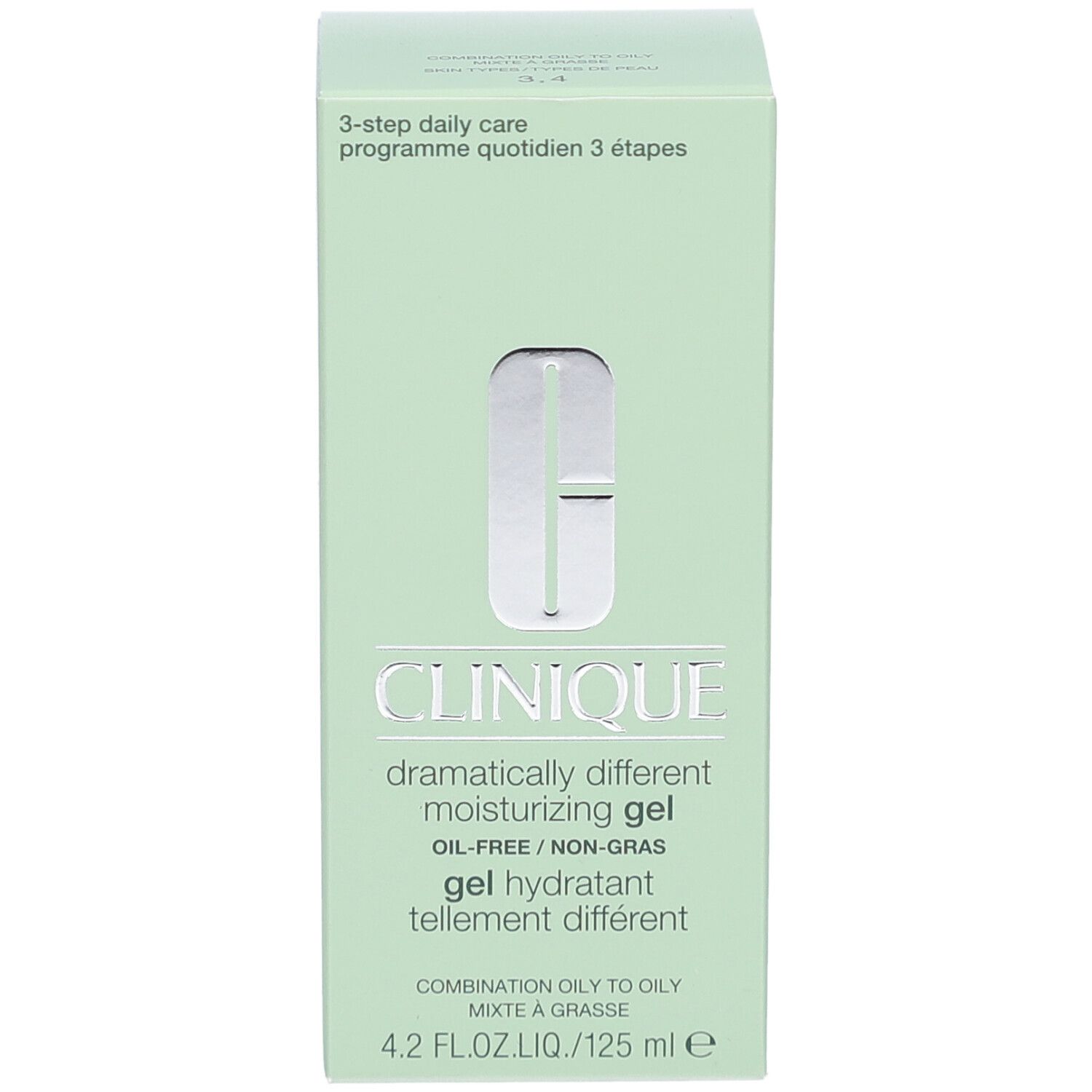 Boîte vert clair. Inscription: Clinique, Dramatically Different Moisturizing Gel, sans huile. 4.2 FL.OZ.LIQ./125 ml e. 3-step daily care.