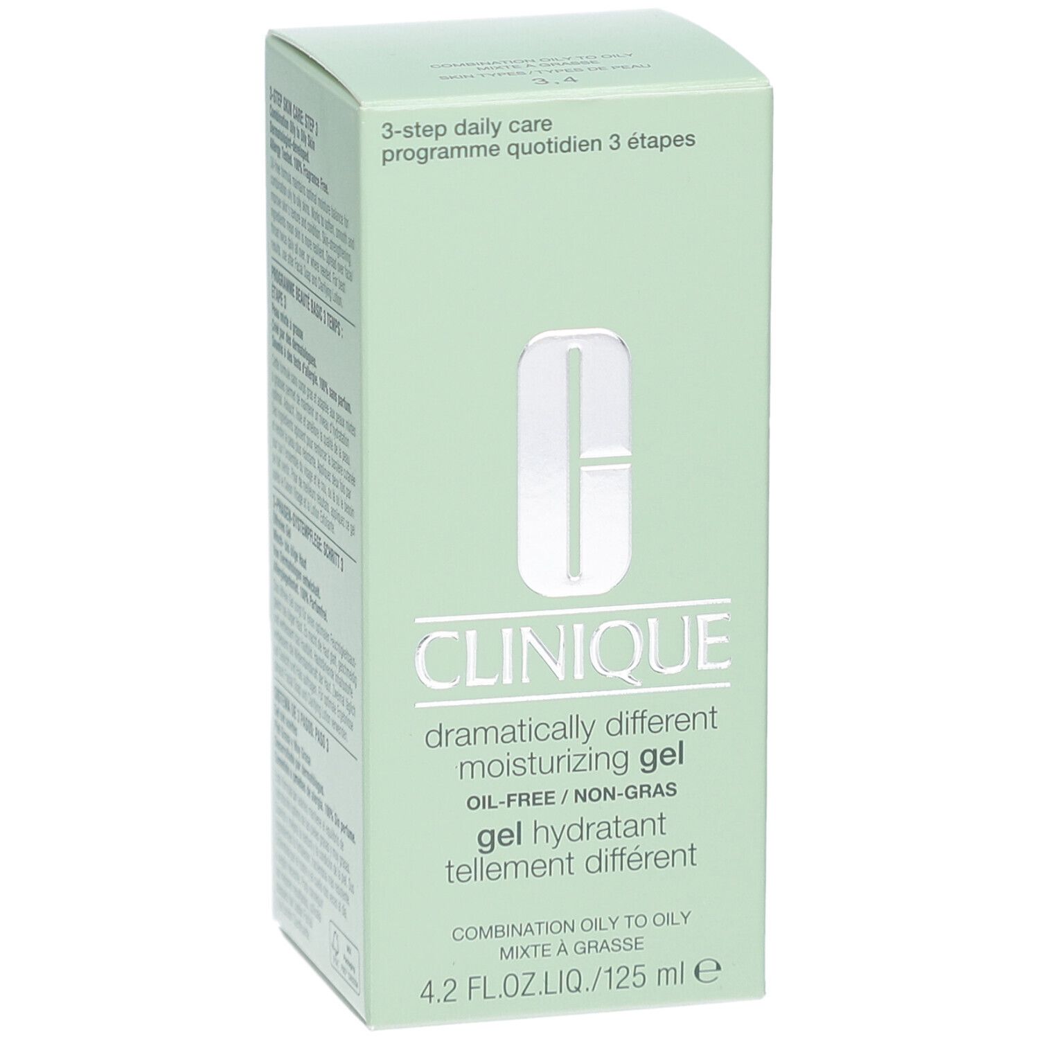 Boîte vert clair. Inscription: Clinique, Dramatically Different Moisturizing Gel, sans huile. 4.2 FL.OZ.LIQ./125 ml e. 3-step daily care.