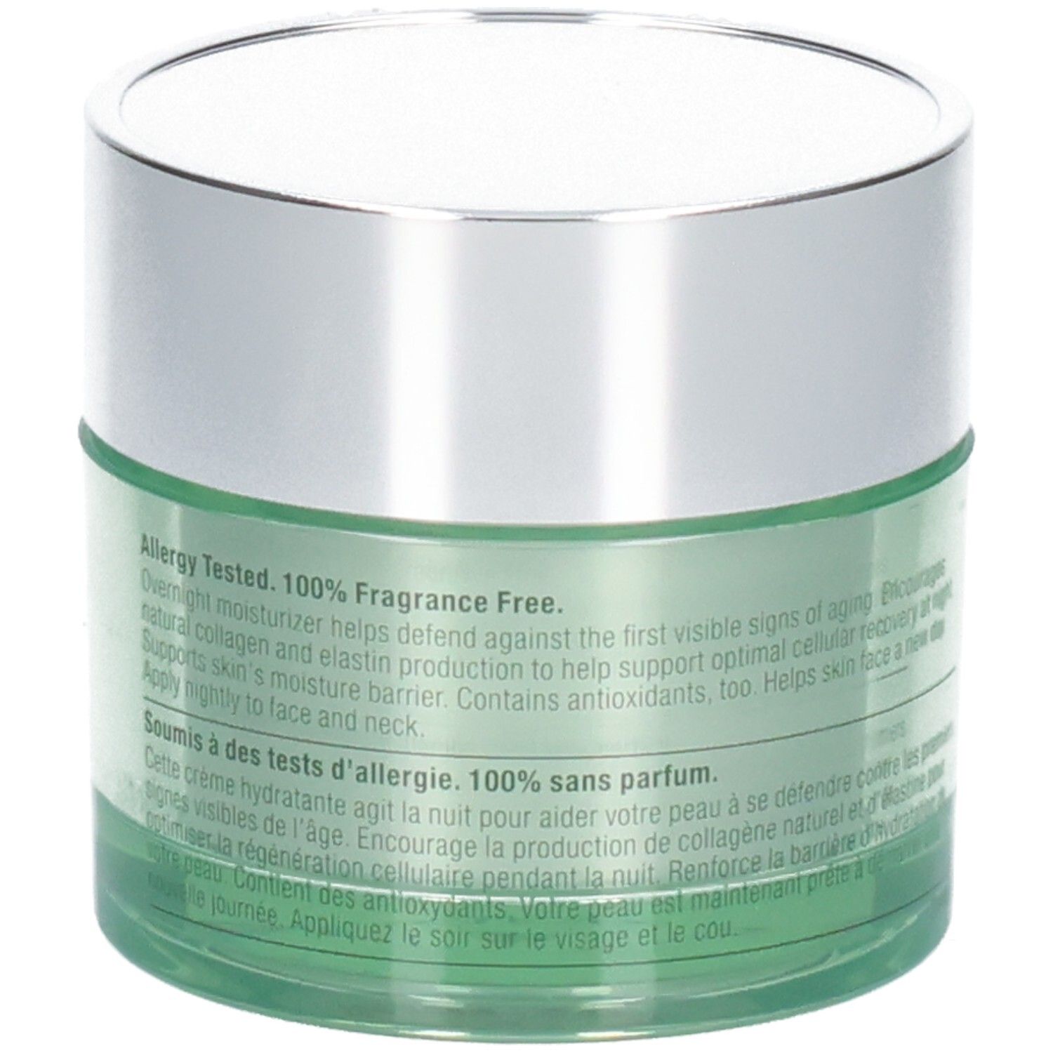 Arrière d'un pot vert avec couvercle argenté, Clinique Superdefense Night Recovery Moisturizer.