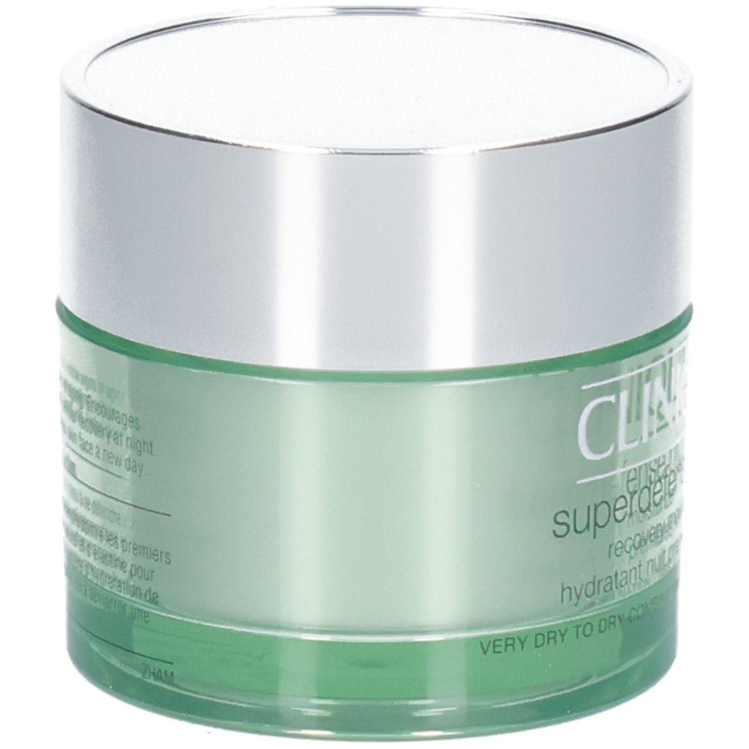 Pot vert avec couvercle argenté, Clinique Superdefense Night Recovery Moisturizer, pour peaux très sèches à mixtes.