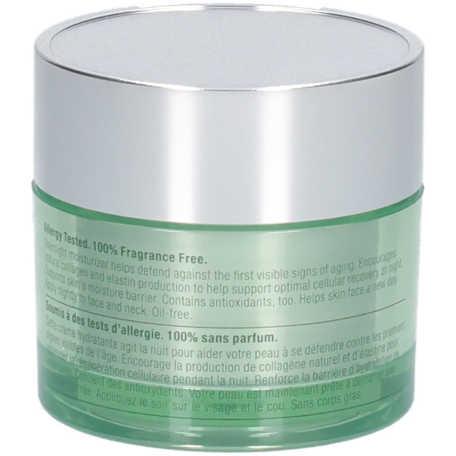 Pot vert avec couvercle argenté. Texte au dos: Allergy Tested. 100% Fragrance Free.