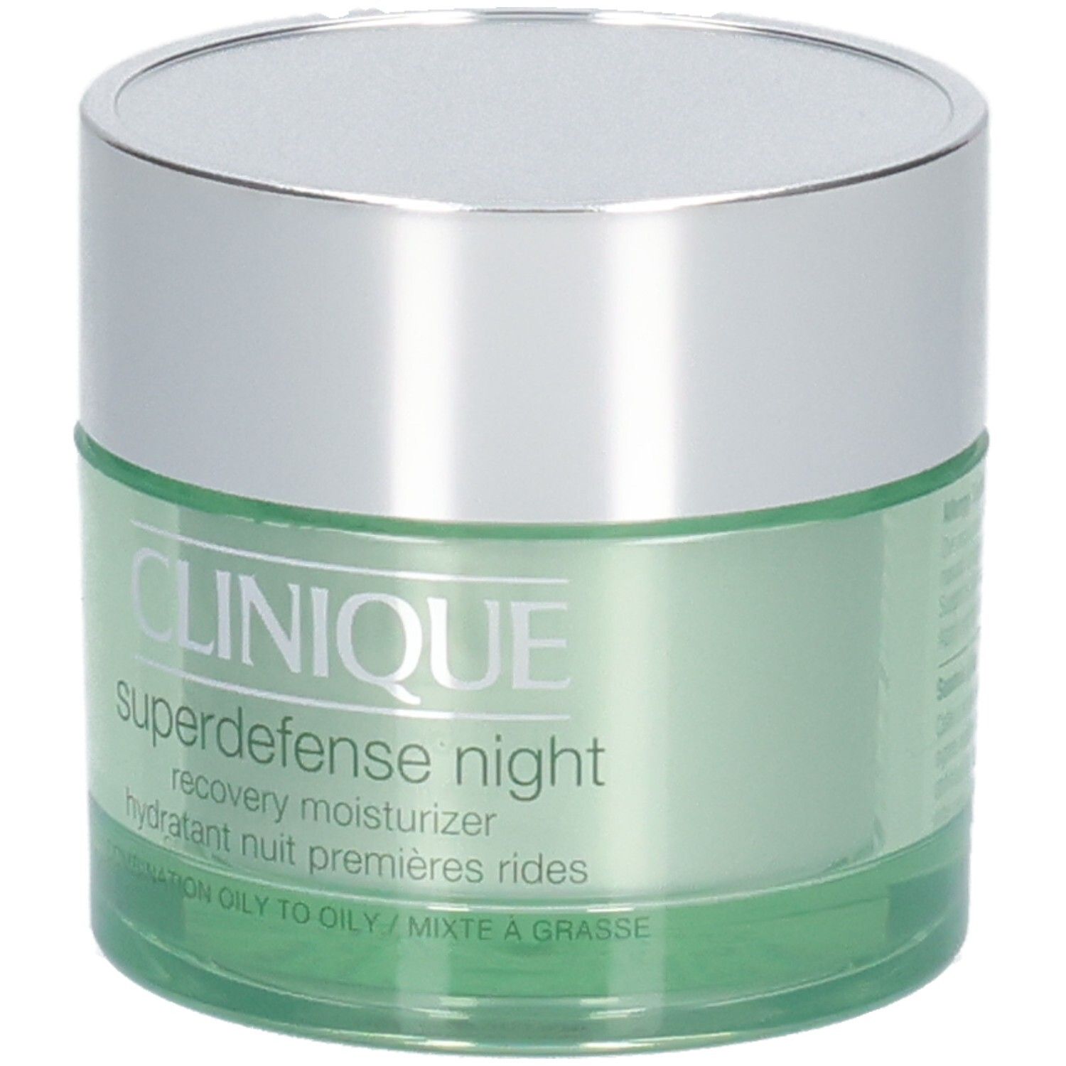 Pot vert avec couvercle argenté. Inscription: CLINIQUE, Superdefense night, recovery moisturizer.