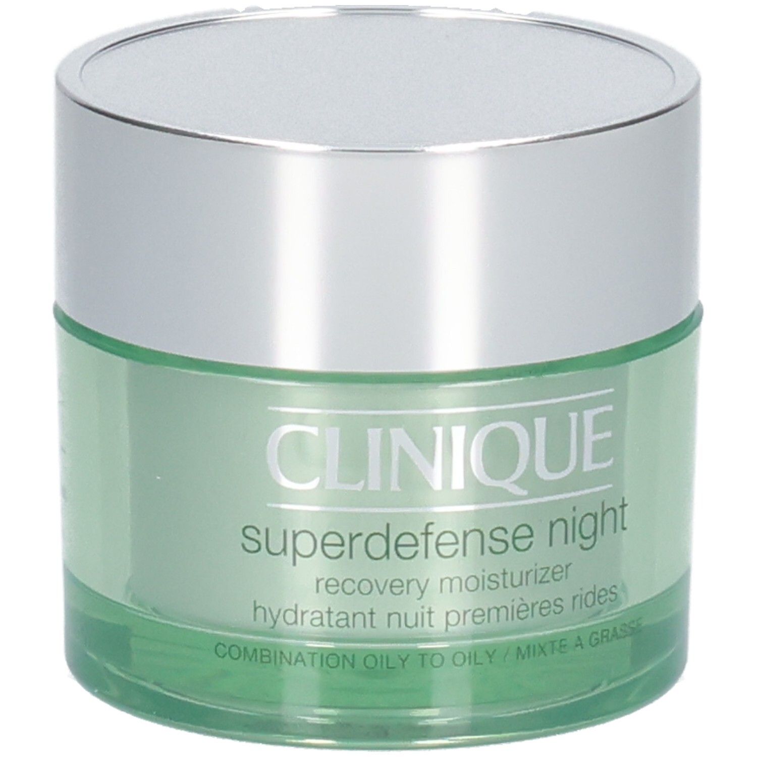 Pot vert avec couvercle argenté. Inscription: CLINIQUE, Superdefense night, recovery moisturizer.