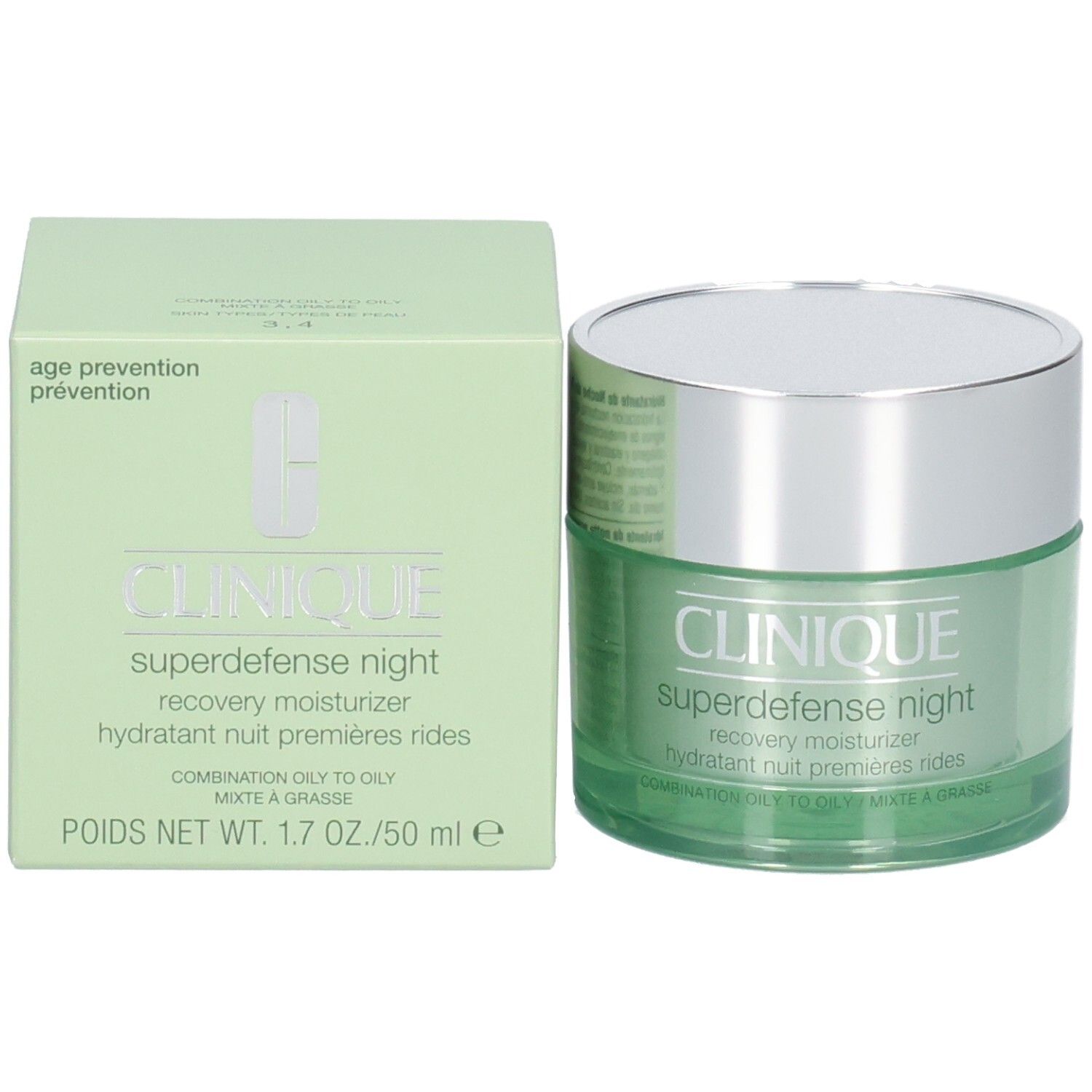 Boîte verte et pot avec couvercle argenté. Inscription: CLINIQUE, Superdefense night, recovery moisturizer.