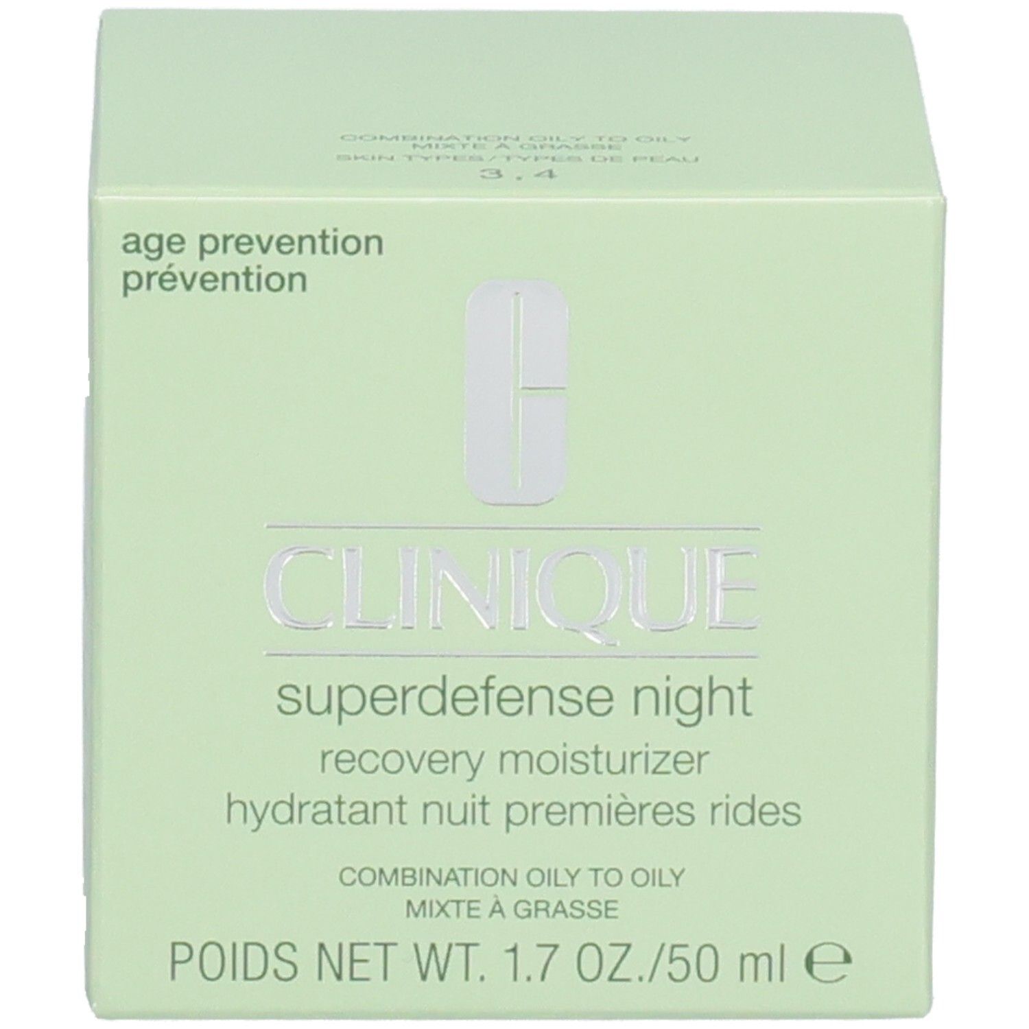 Boîte verte. Inscription: CLINIQUE, Superdefense night, recovery moisturizer. Poids net: 1.7 oz./50 ml.