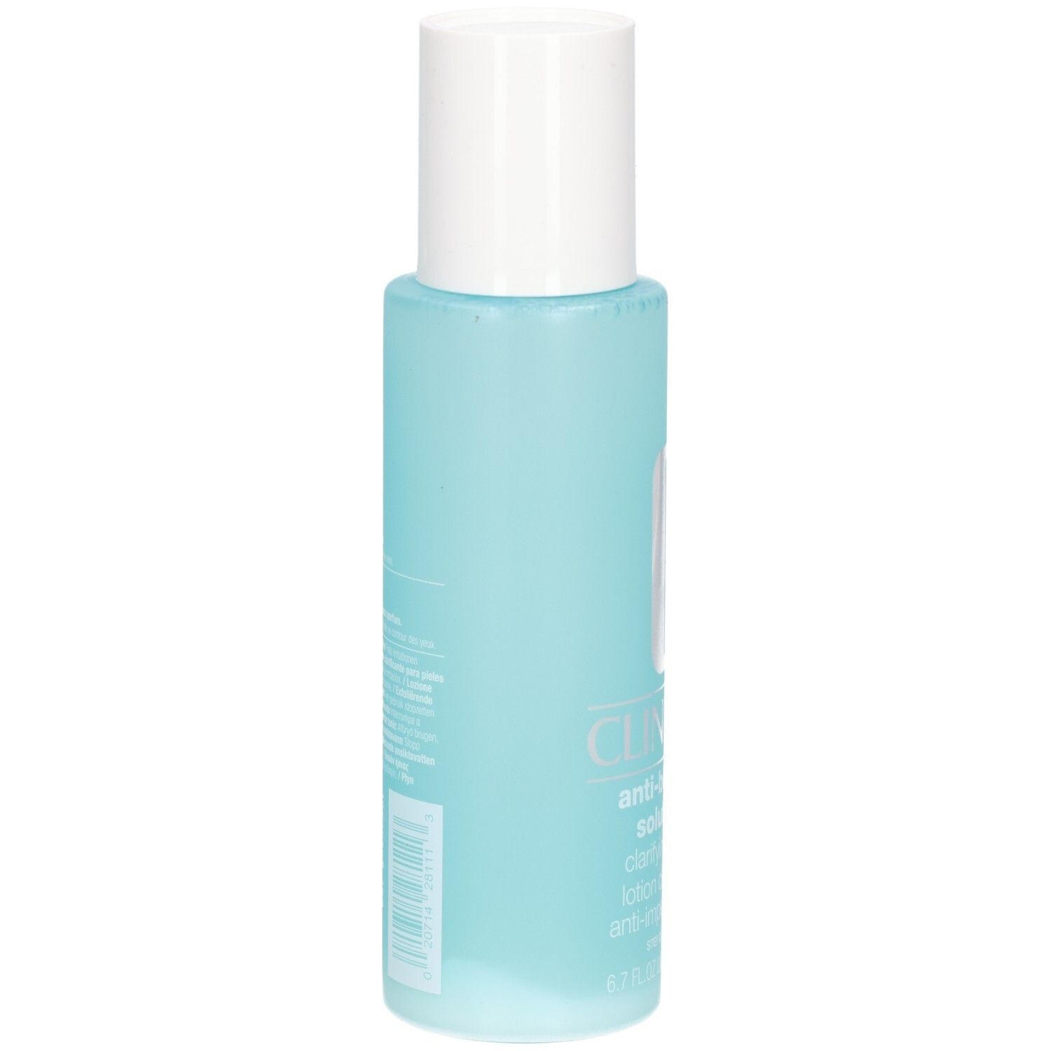 Clinique Anti-Blemish Solutions Clarifying Lotion, arrière du flacon de 200 ml avec étiquette.