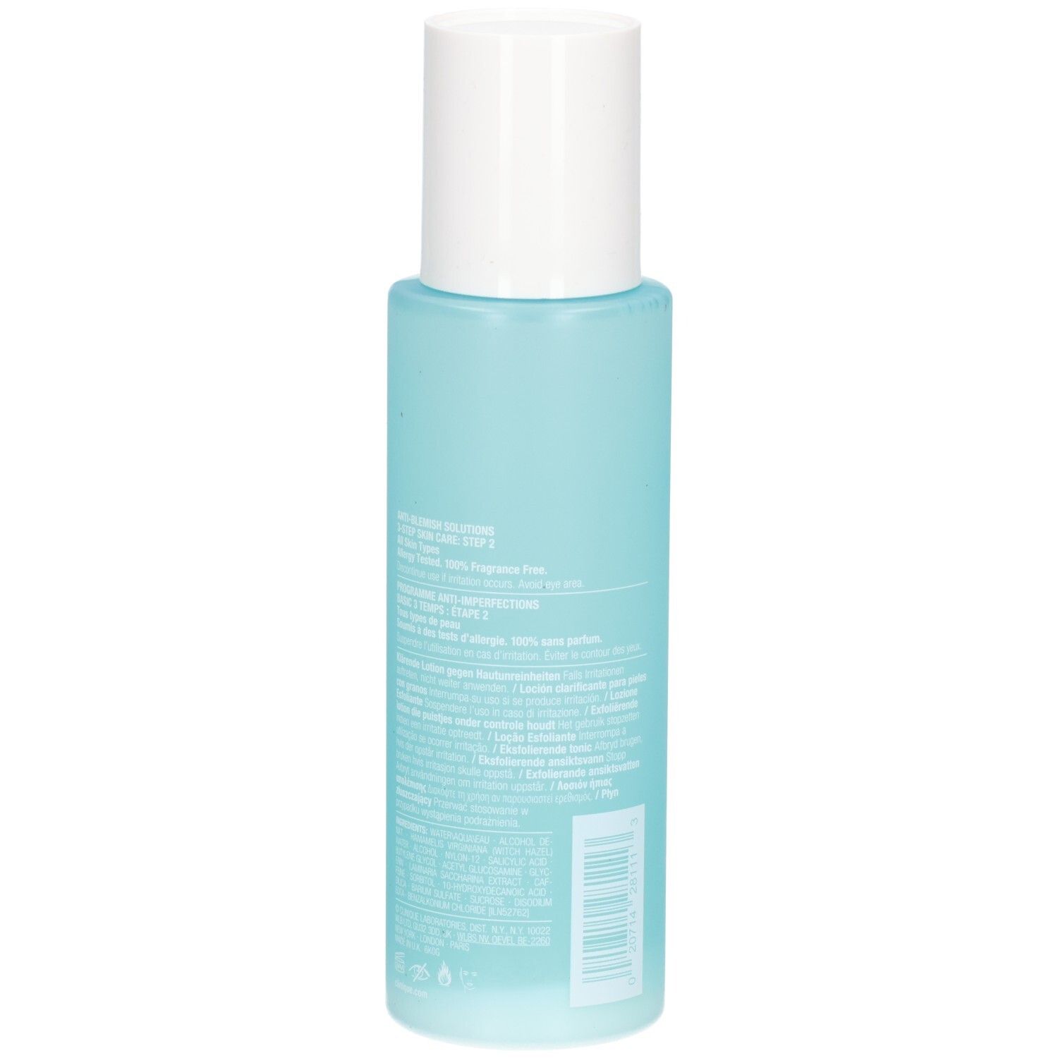 Clinique Anti-Blemish Solutions Clarifying Lotion, arrière du flacon de 200 ml avec informations détaillées.