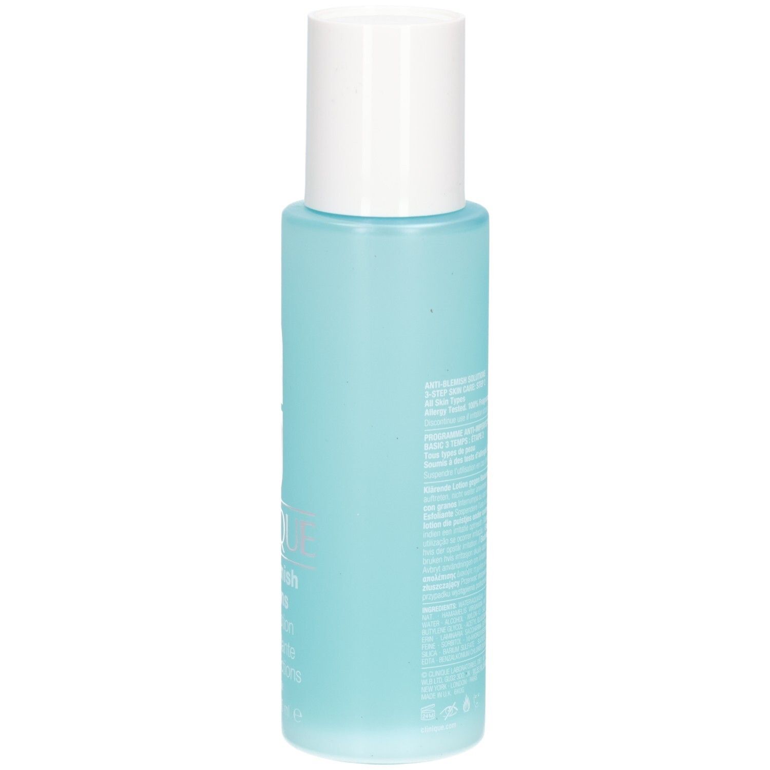 Clinique Anti-Blemish Solutions Clarifying Lotion, côté du flacon de 200 ml.