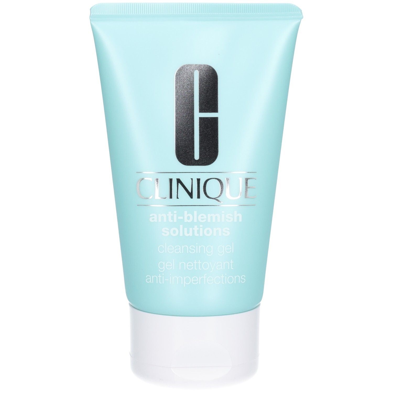Tube bleu clair avec bouchon blanc. Logo Clinique et noms de produits argentés. Texte : Anti-Blemish Solutions, gel nettoyant anti-imperfections.