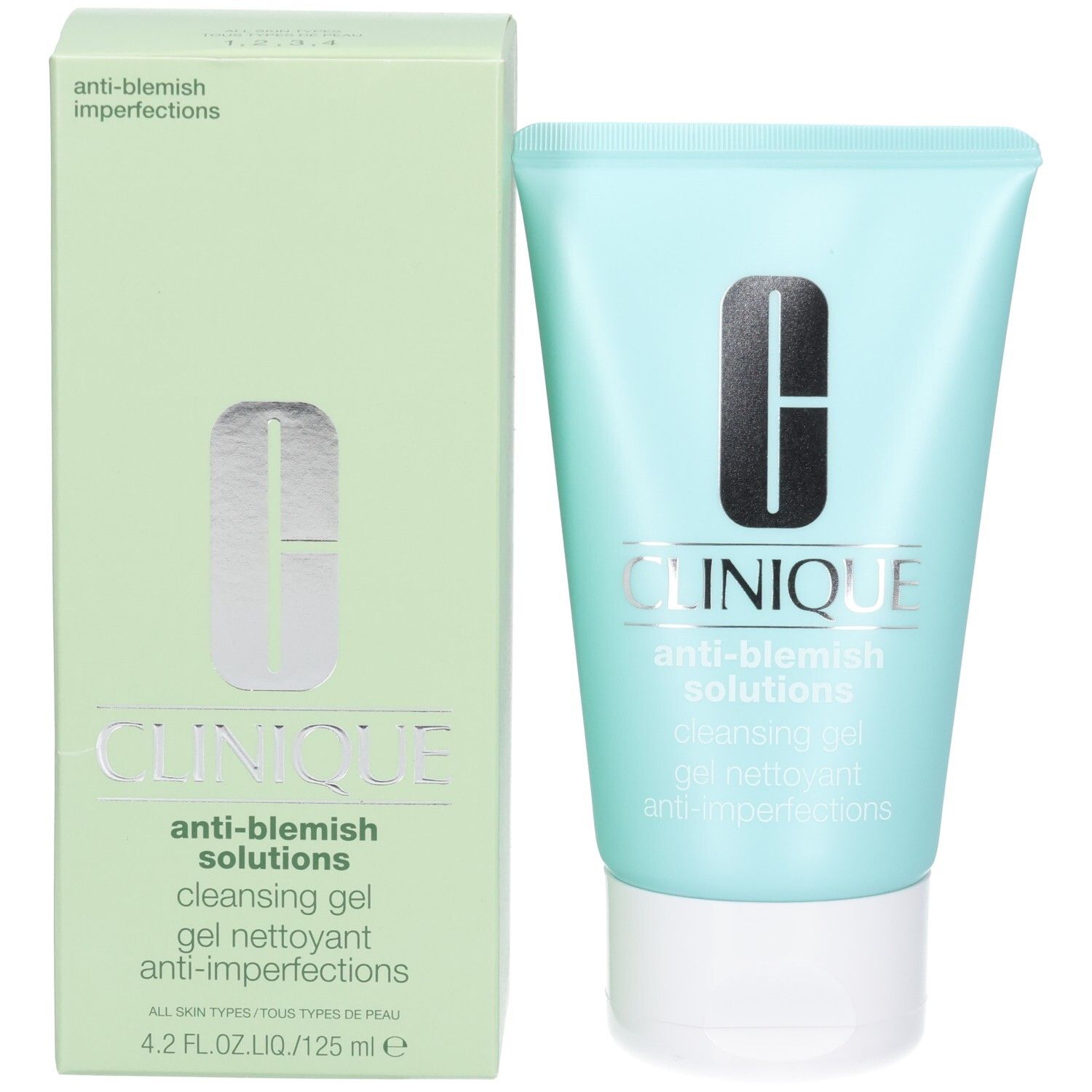 Boîte vert clair et tube bleu clair avec bouchon blanc. Logo Clinique et noms de produits. Texte : Anti-Blemish Solutions, gel nettoyant.
