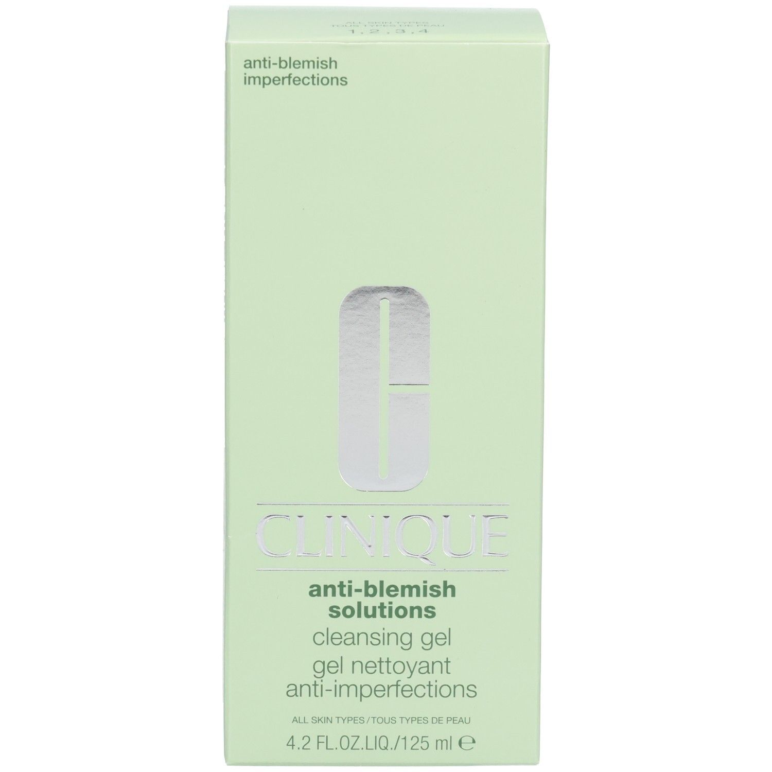 Boîte vert clair avec noms de produits. Logo Clinique et texte : Anti-Blemish Solutions, gel nettoyant, anti-imperfections.