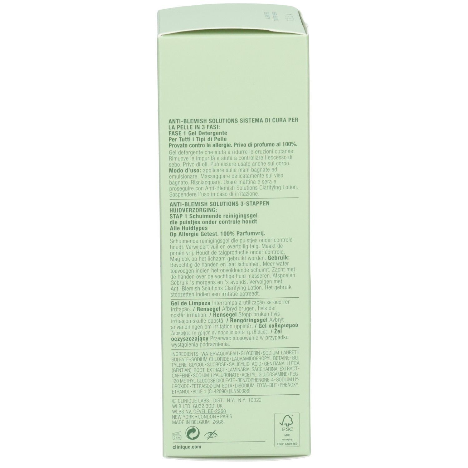 Dos d'une boîte vert clair avec texte multilingue. Pas de marque ni de nom de produit visible.