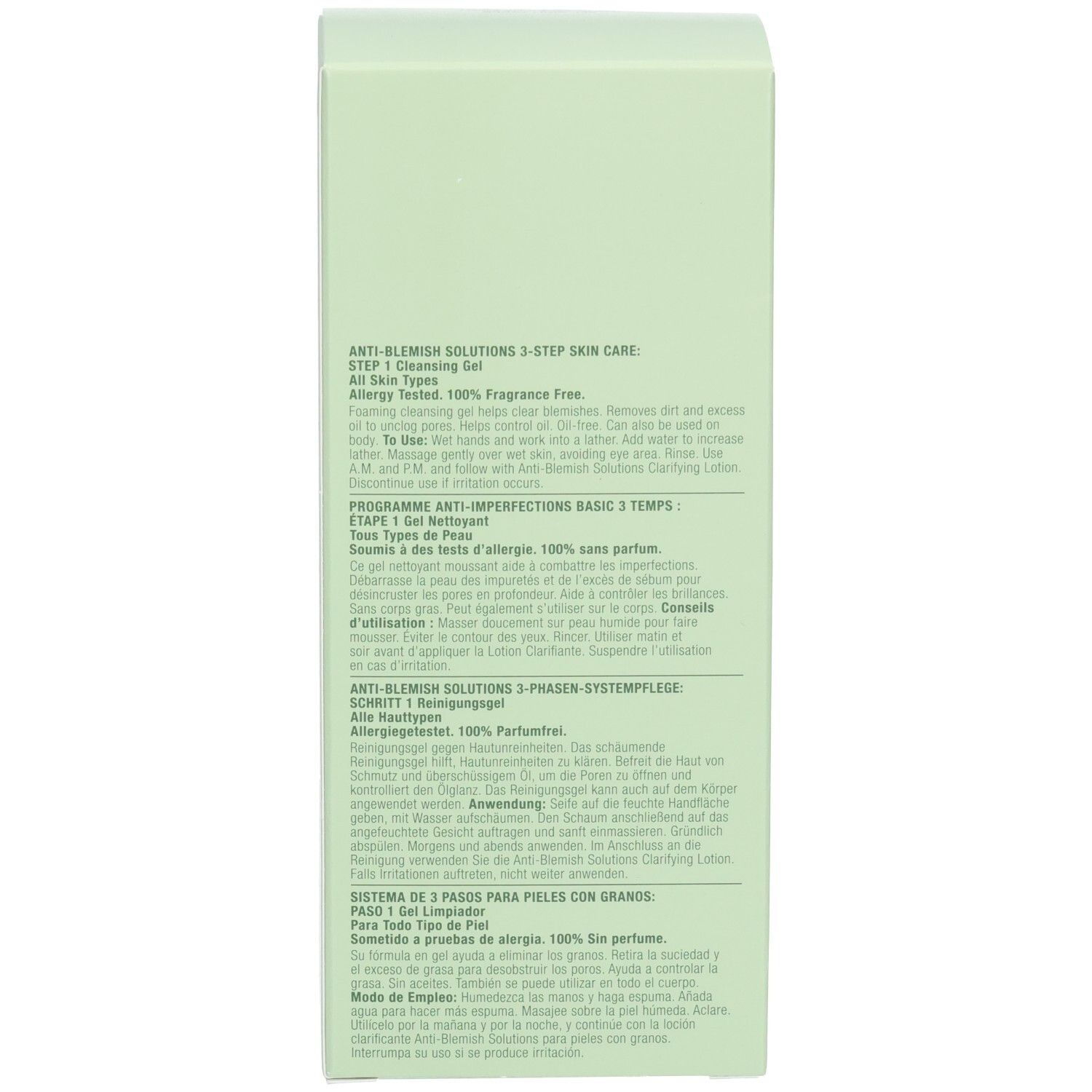 Dos d'une boîte vert clair avec texte multilingue. Pas de marque ni de nom de produit visible.